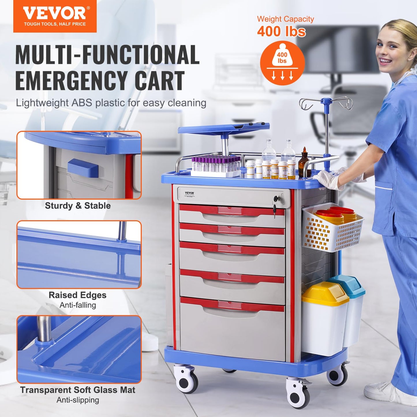 VEVOR Medical Crash Cart, Nursing Emergency Rolling Cart with 5 Drawers & 4 Silent Wheels, Adjust IV Pole, Needle Disposal Holder, Trash Bin, O2 Holder, Mobile Trolley for Hospital, Clinic, Lab, Salon