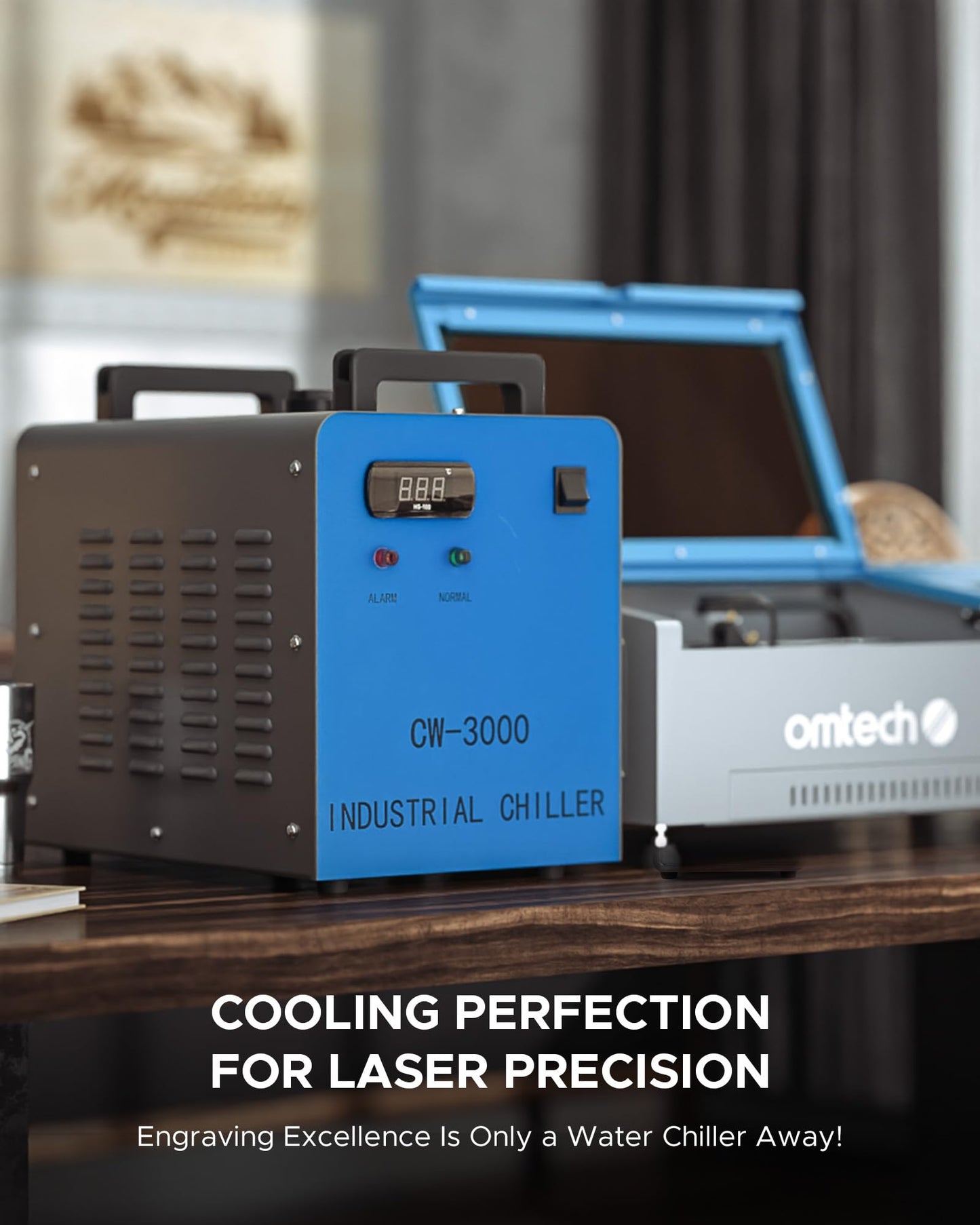 OMTECH 9L Industrial Water Chiller 2.6gpm CW-3000 Water Cooler for 40W K40 CO2 Laser Engraving & Cutting Machines, Water Cooling System Radiates 50W of Heat per Degree C