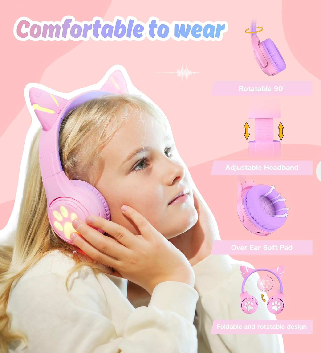 CF9 85dB Riwbox Cat Ear Kids Bluetooth Headphones with LED Light Up,Safe Volume Limit,Built-in Mic&Boom Mic