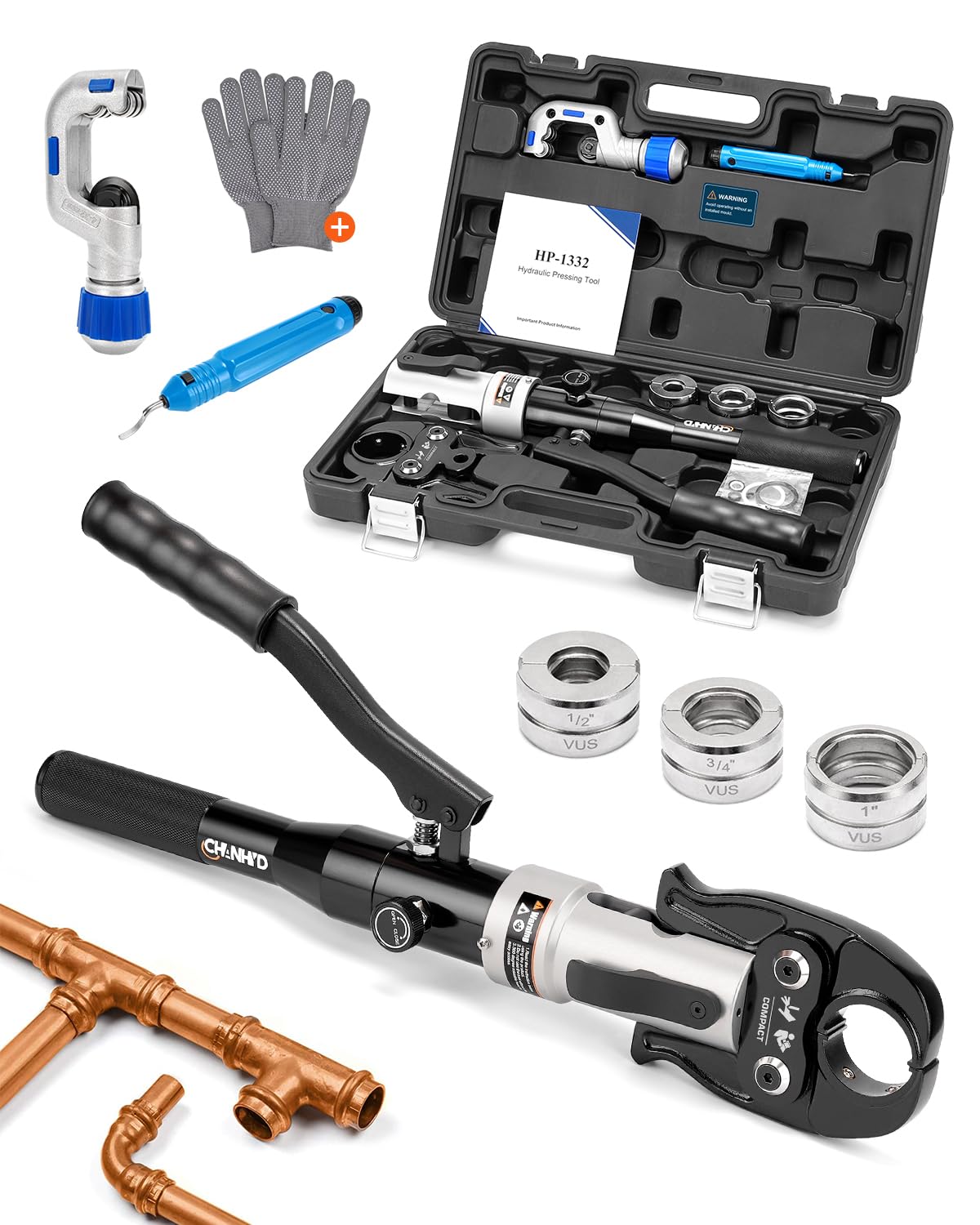 CHANHYD Hydraulic Copper pipe Crimping tool with 1/2 inch,3/4 inch and 1 inch Jaw Copper Pipe Propress Crimpers Pressing Pliers,Copper Tube Fittings pipe Crimpers for Narrow Space and Tee Fittings