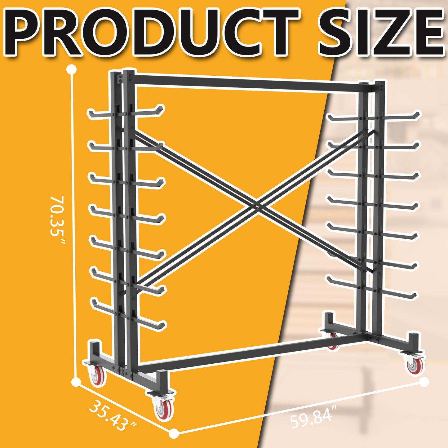 UODENGA Lumber Storage Rack, Heavy-Duty 2000LBS Rolling Lumber Rack on Wheels, 7-Tier Wood Storage Rack with X-Braced Steel Frame, Pipe Rack Organizer Shelving Unit for Garage Workshop