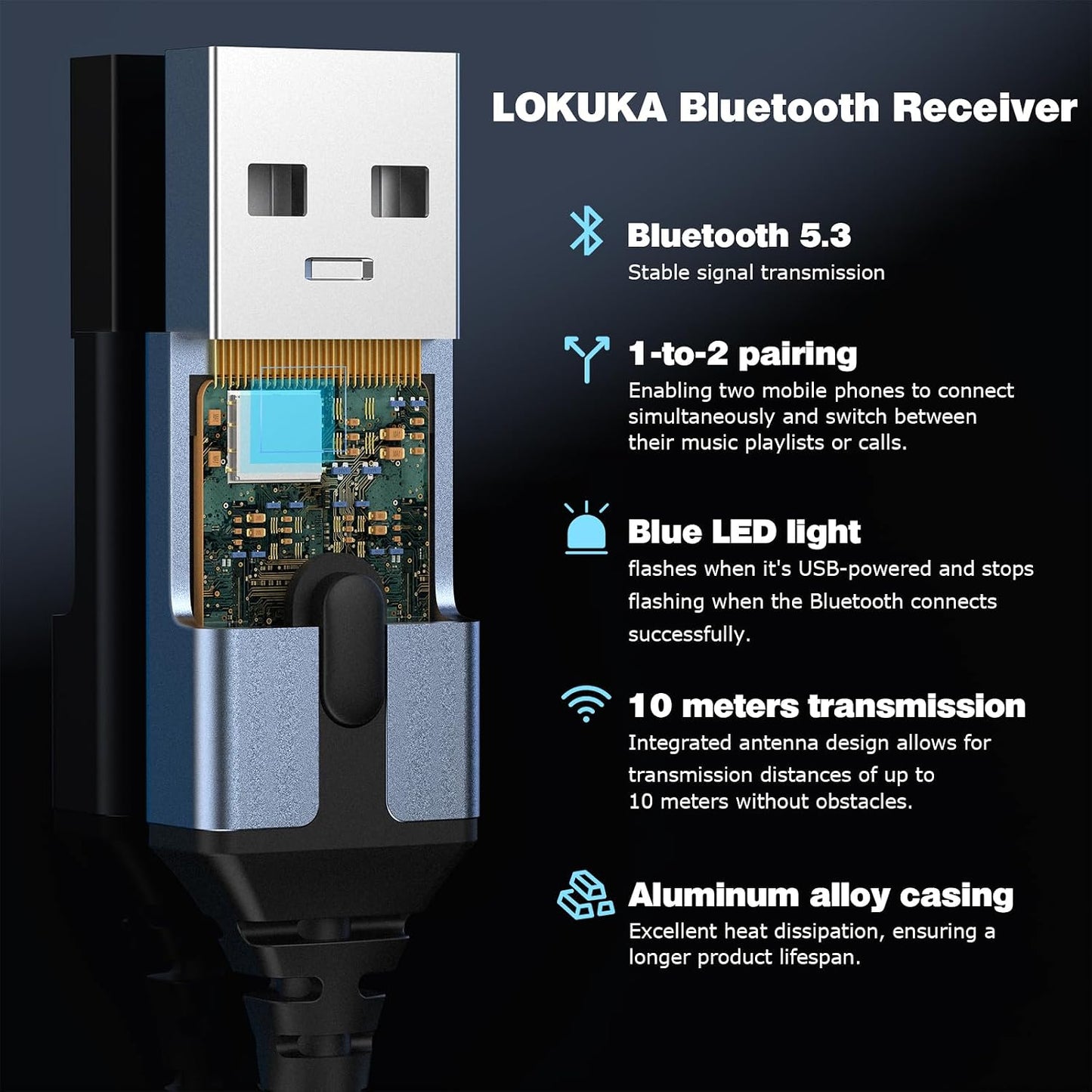 LOKUKA 5.3 3.5mm 8-Strand Bluetooth to Aux Adapter for Car or Speaker, Bluetooth Receiver with Single Crystal Copper