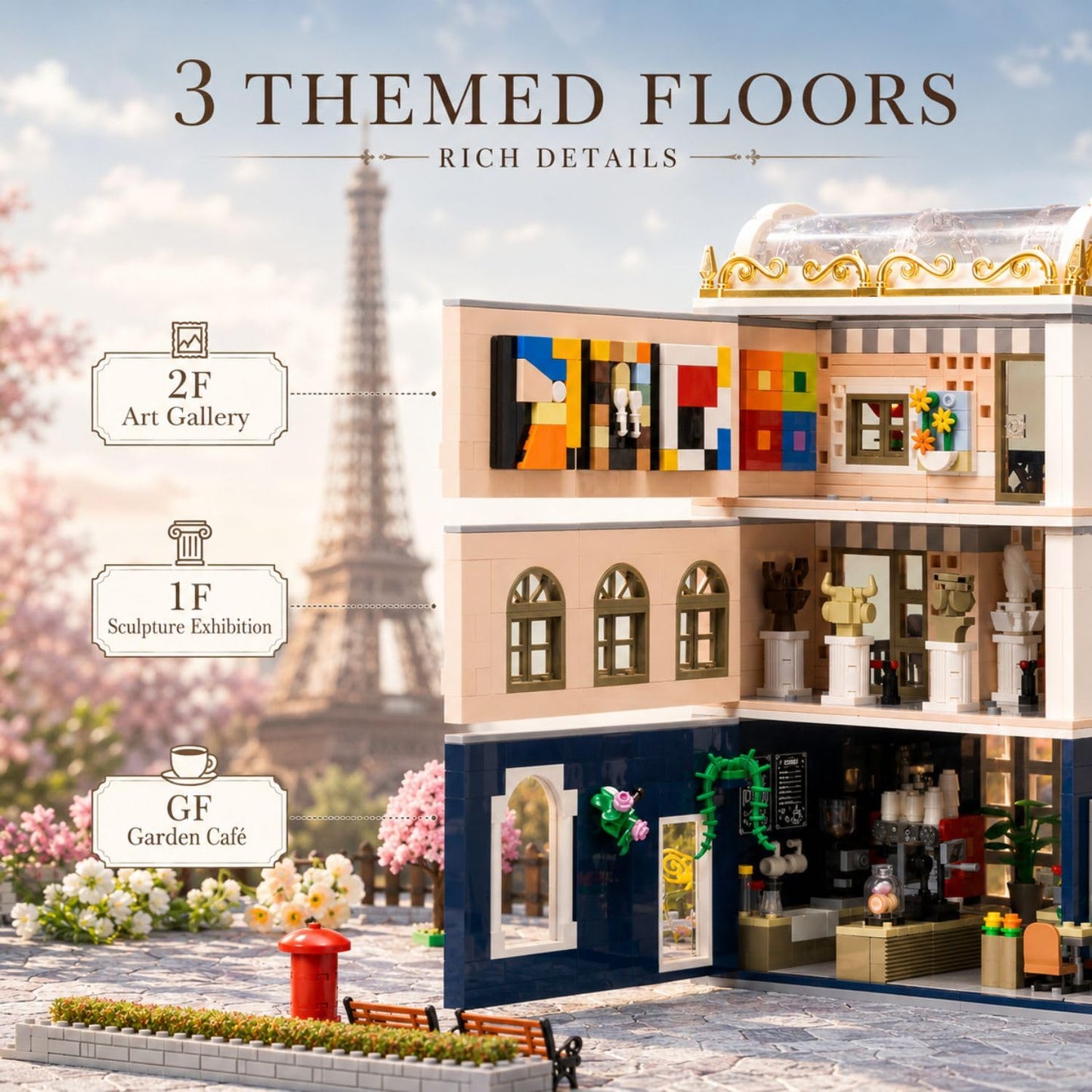 PANTASY Blossom Café Modular Building Set, 3-Story European Glasshouse Landmark with Café, Art Gallery & Floral Atrium, Openable Glass Door Design, Collectible Architecture Model Kit for Adults