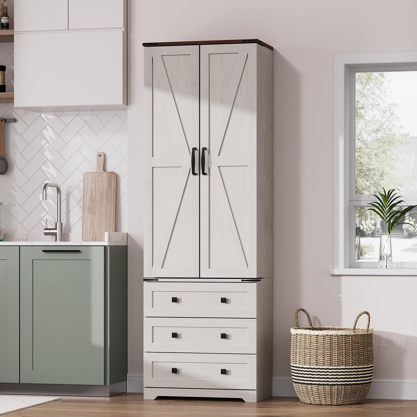 72'' Tall Kitchen Pantry Cabinet, Freestanding Tall Cupboard Storage Cabinet with 2 Barn Doors & 3 Drawers, Adjustable Shelves, Large Farmhouse Pantries for Living Room, Dining Room