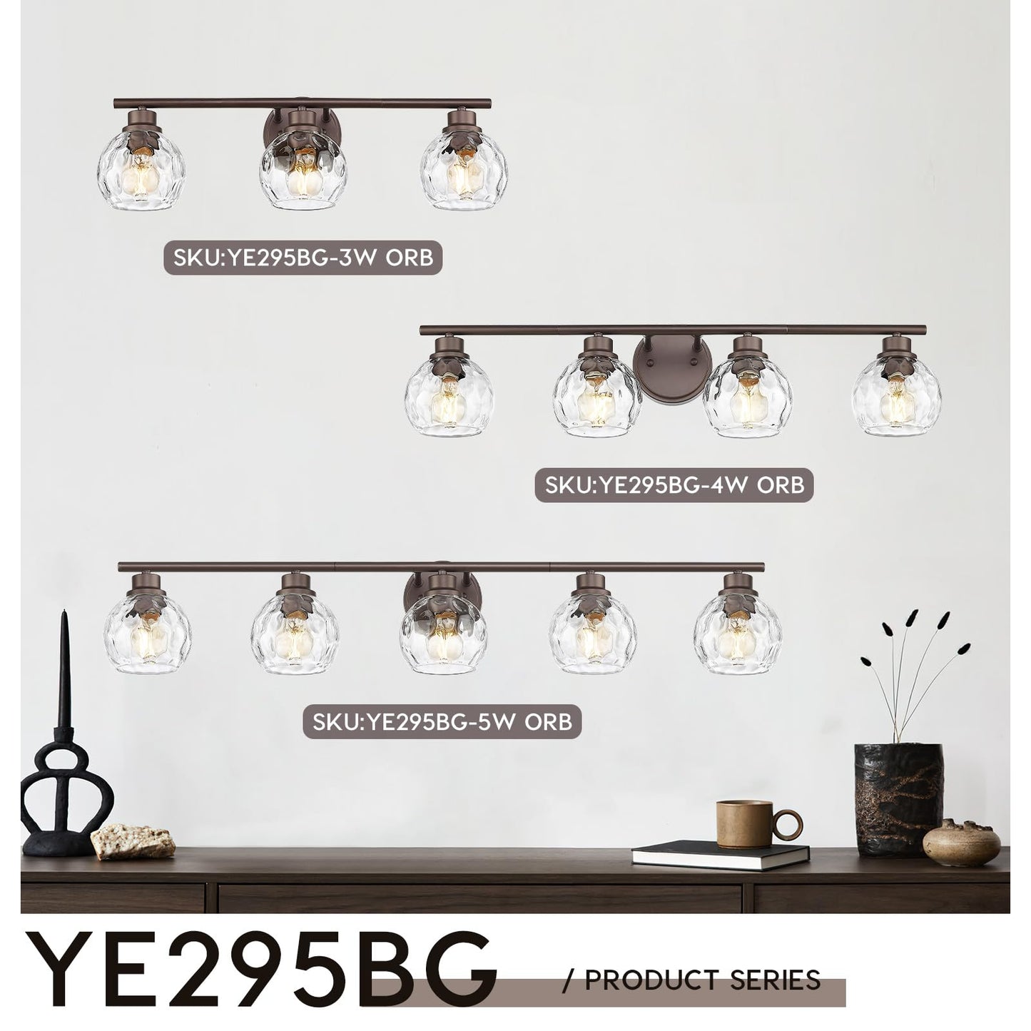 Emliviar 5-Light Rustic Vanity Wall Lighting, Water Ripple Glass, Oil Rubbed Bronze Finish, 41.7 Inch, Model YE295B