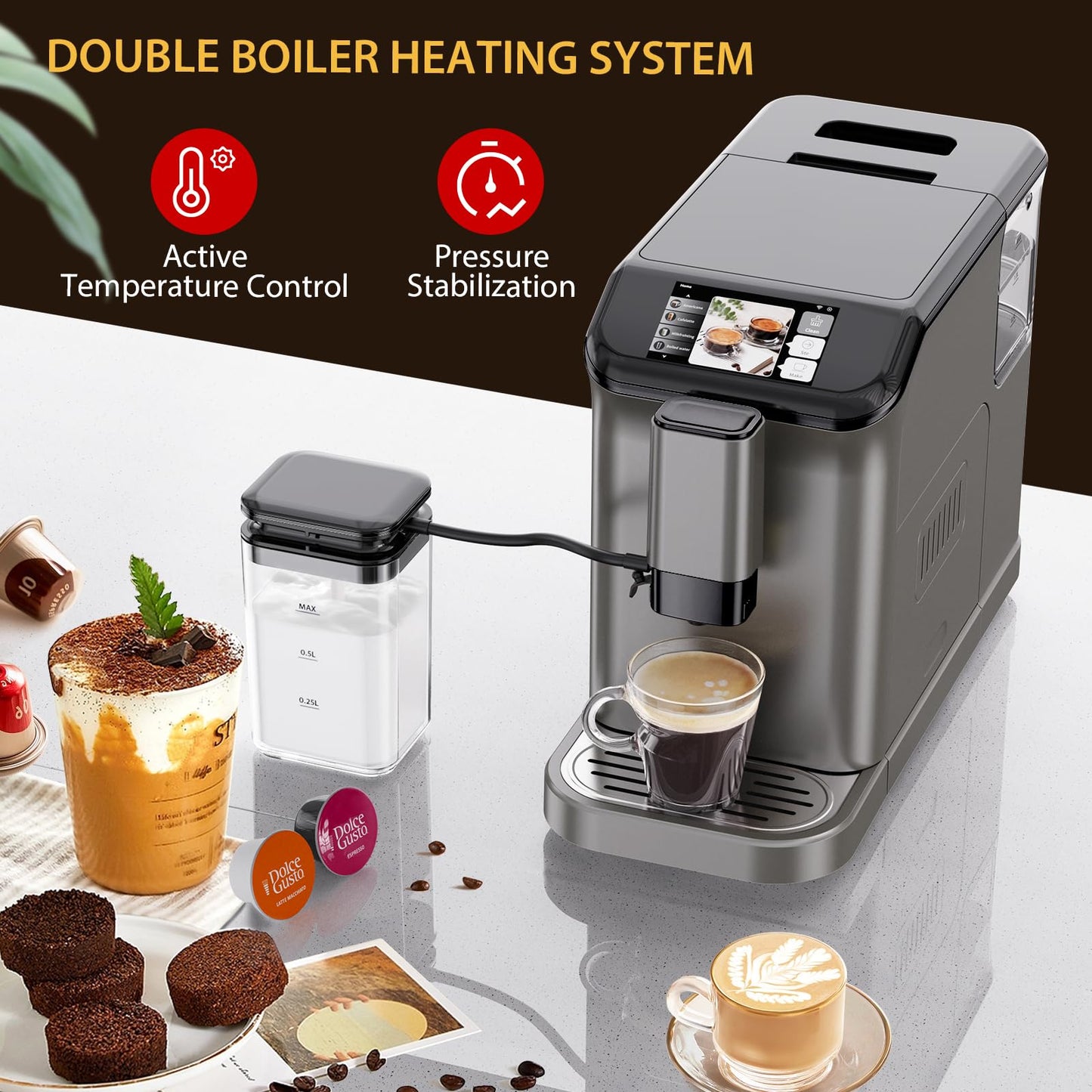Automatic Espresso Machine with 20 Bar Pressure – One-Touch Coffee Maker, Built-in Grinder & Milk Frother, 6 Custom Recipes, 1.5L Water Tank, Auto Self-Cleaning, 120V for Home & Office (Grey)