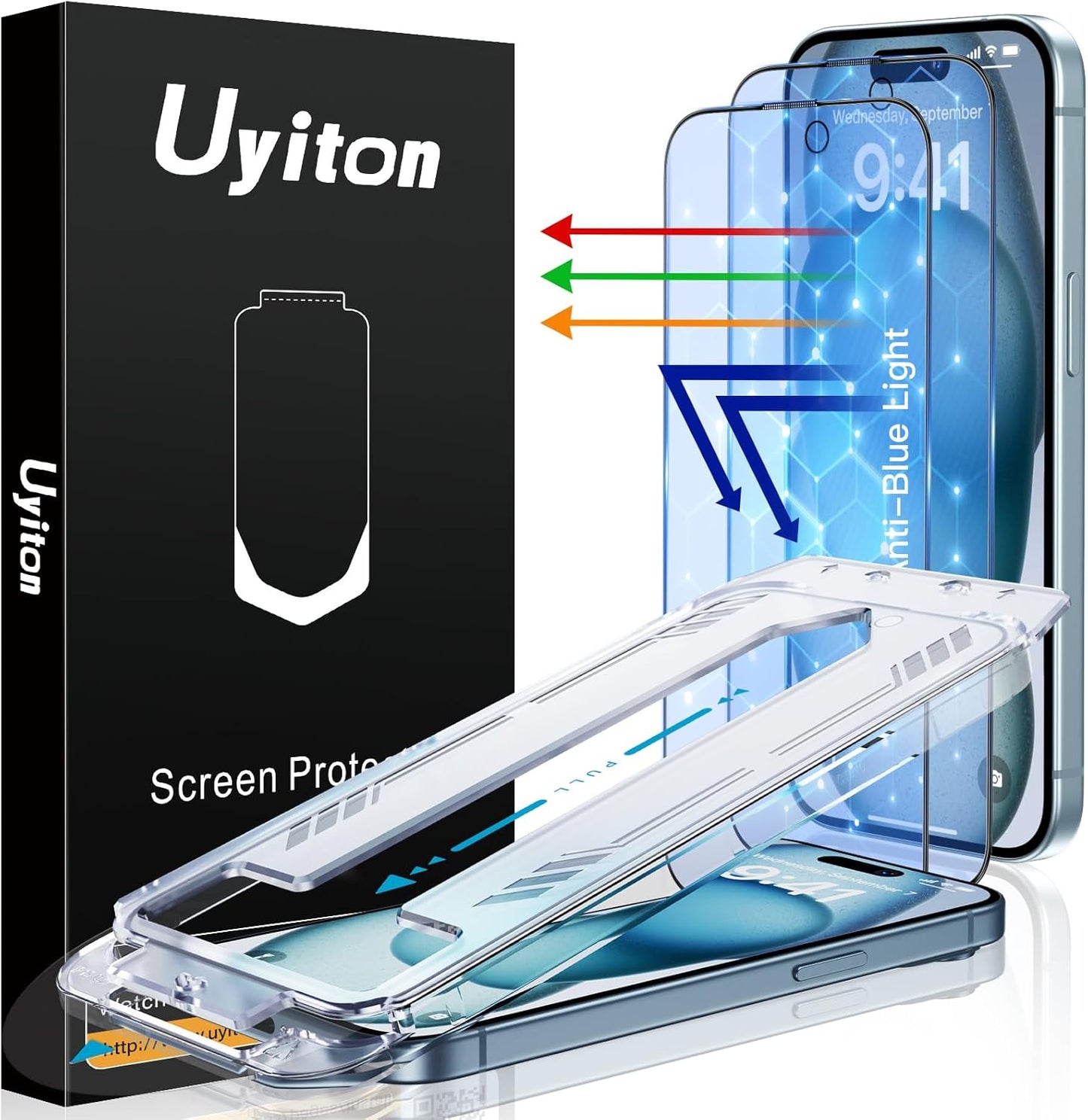 15 9H 15, 2 Pack Uyiton Anti-Blue Light for iPhone Screen Protector - Unbreak-Glass Full Coverage Case Friendly Scratch