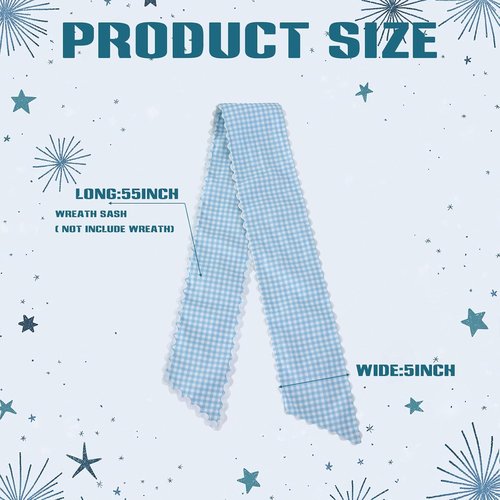 DYSHAYEN Wreath Sash - Canvas RIC Rac Trim for Front Door | Blue Gingham with White Trim