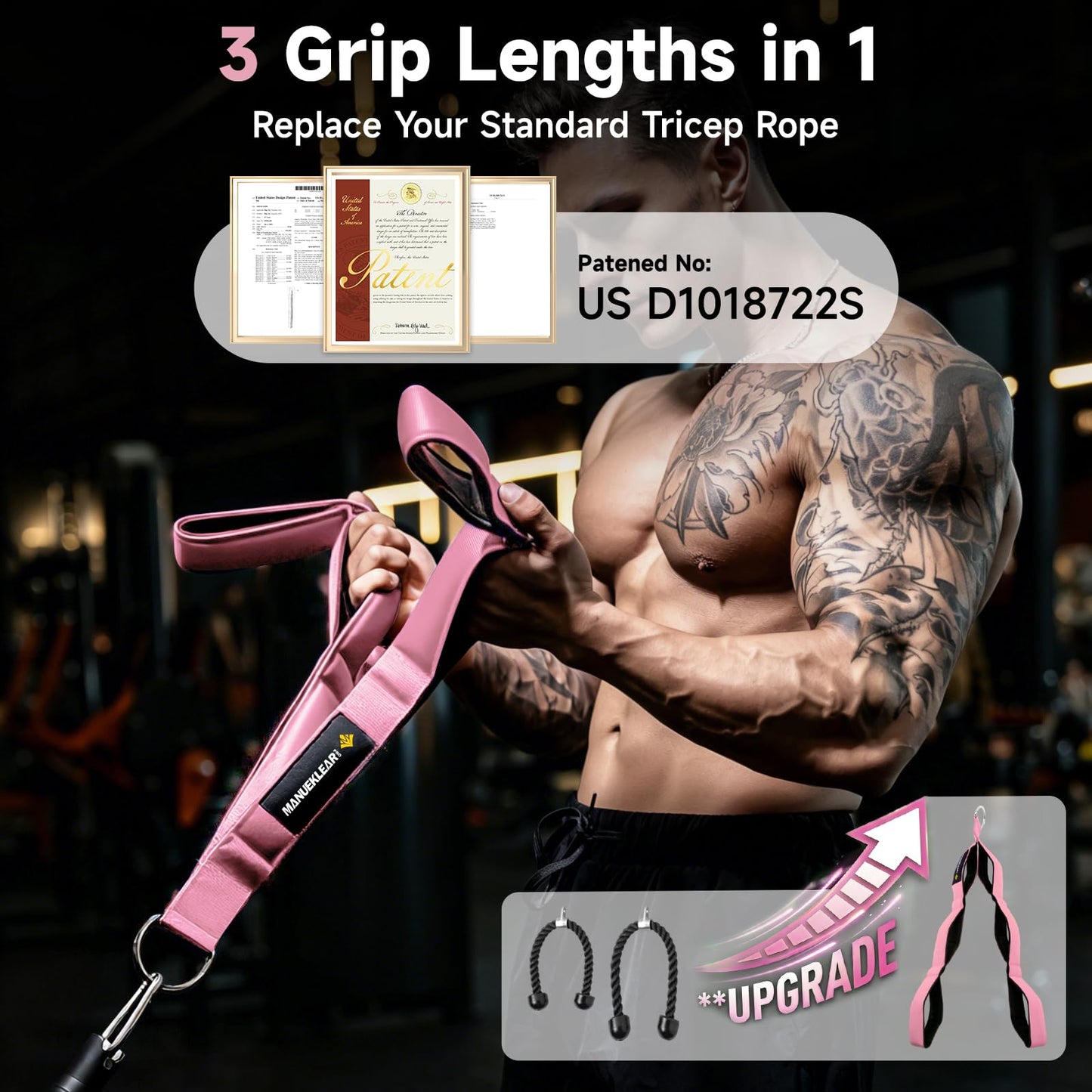 MANUEKLEAR 3 Grip Lengths in 1 Tricep Rope Cable Attachment with Ergonomic Handles, Greater ROM for Tricep Push Down Attachment Professional Gym Rope for Overhead Extension