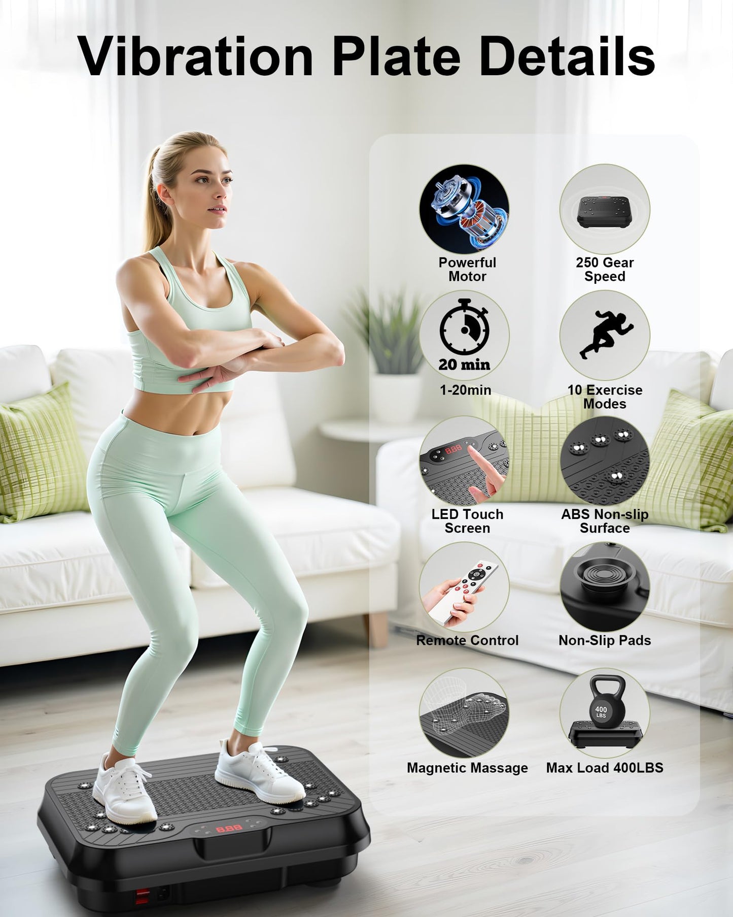 Vibration Plate Exercise Machine, Shake Plate, Vibration Plate for Lymphatic Drainage & Weight Loss, 250 Speed Levels, 400 Lbs Capacity Whole Body Vibrating Plate Workout with Fitness Resistance Band