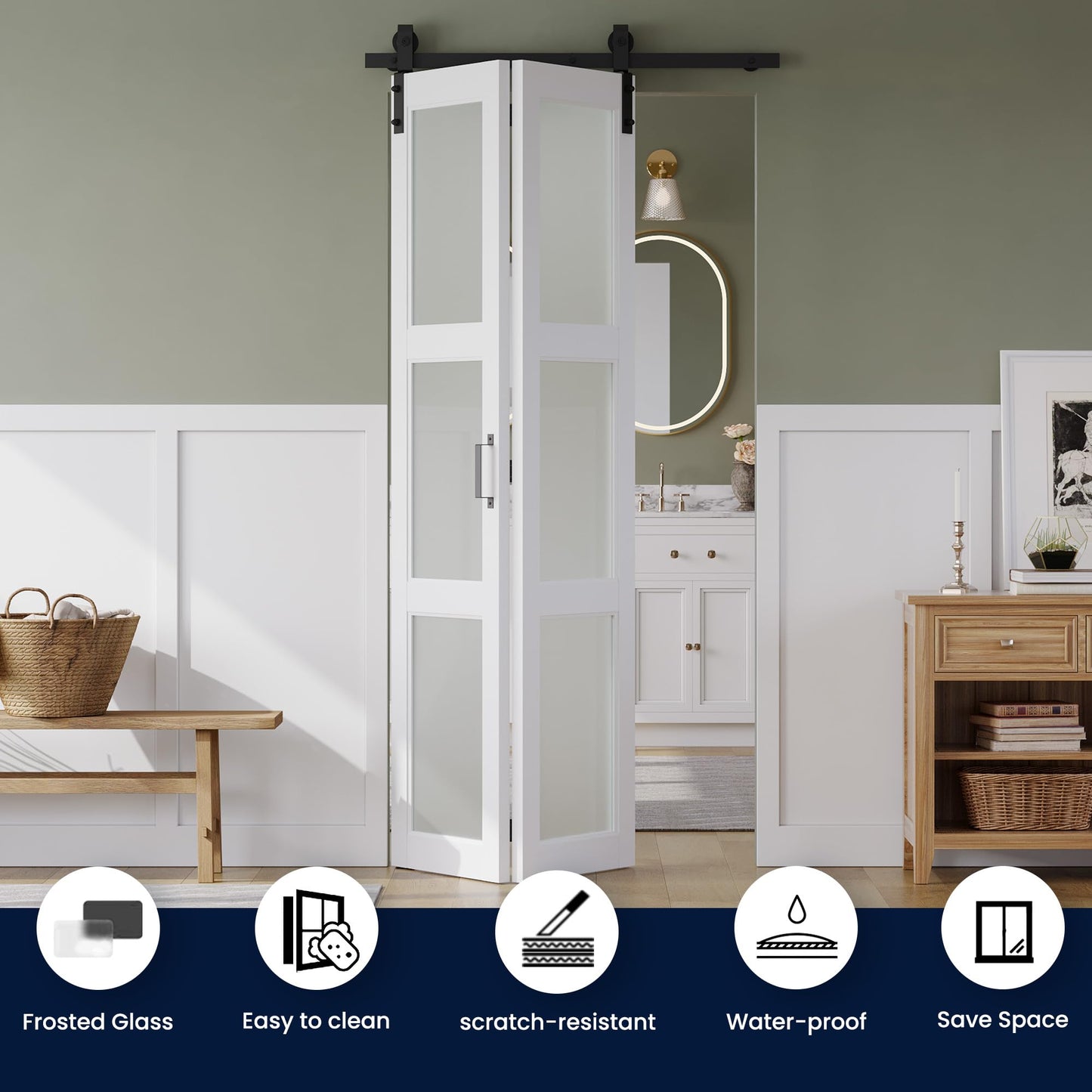 SMARTSTANDARD 30in x 84in Bifold Barn Door, Frosted Glass Barn Door with Hardware Kit Included, Pre-Drilled Holes Easy Assembly -Solid Barn Doors Slab Covered with Water-Proof PVC Surface, White