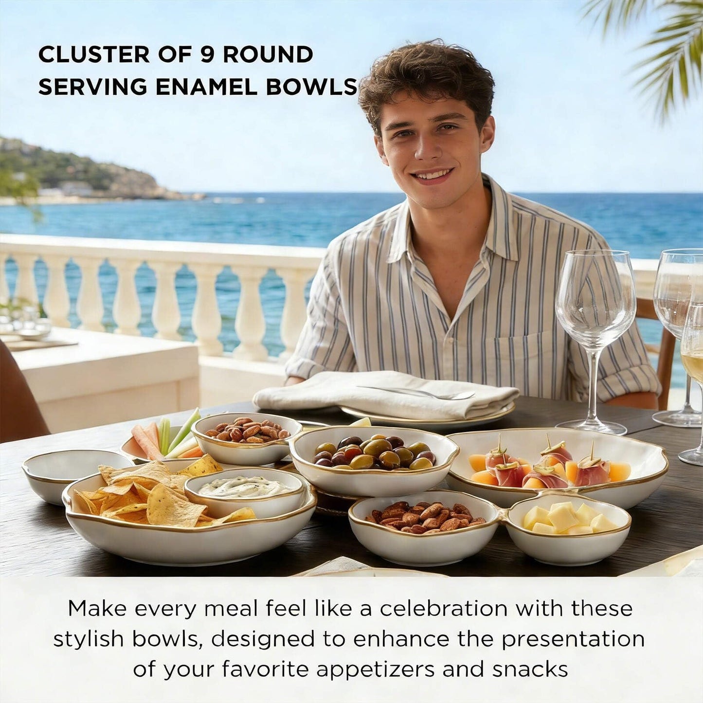 9-Piece Round Cluster Serving Bowls Set Gold Connected Design for Entertaining Snacks Nuts Chips Sturdy Serving Tray Decorative Tableware Supplies Platter Box for Candy Cocktail Party Serving Sets