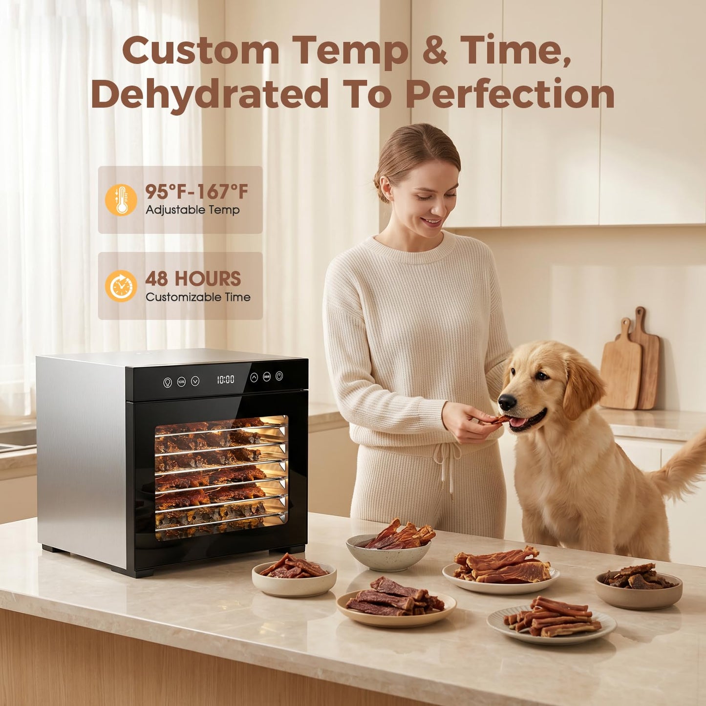 Food Dehydrator machine, 8-Tray Stainless Steel Food Dryer with Timer & Temp Controls, Even-Drying and Auto Shut-off, Quiet Dehydrator Machine for Jerky, Fruit, Herbs, Dog Treats, 650W Powerful
