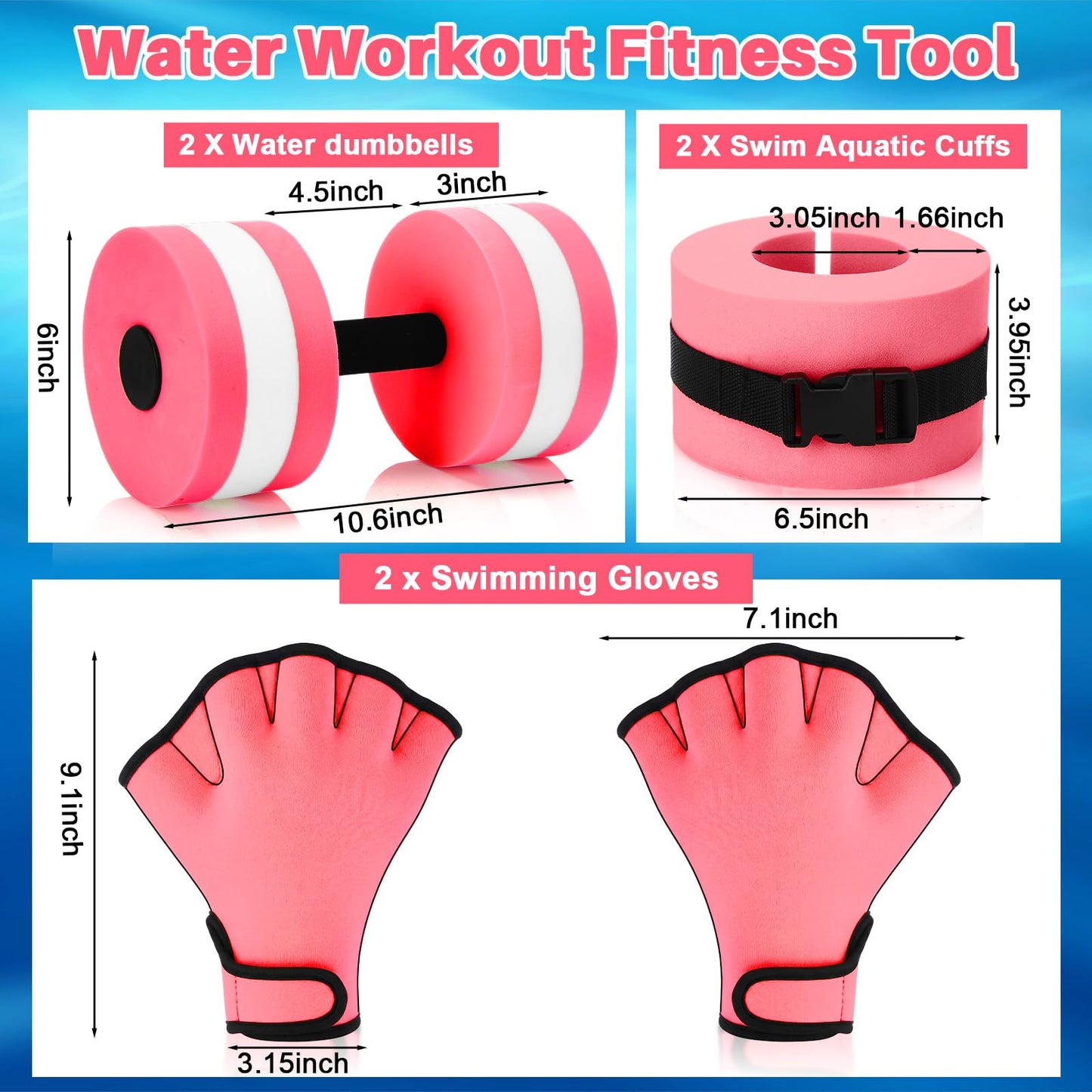 Motionchic Water Aerobics Set, 2 Ankle Swimming Weights 2 Lightweight Aquatic Exercise Dumbbells 1 Pair of Swimming Gloves Pool Exercise Equipment for Aquatic Workout Fitness(Pink)