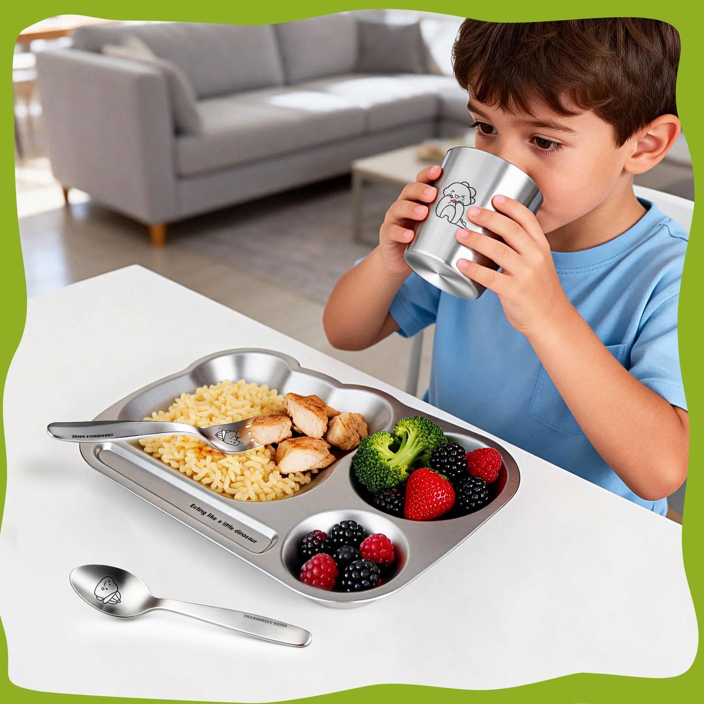 Greentainer Stainless Steel Kids Dinnerware Set, Unbreakable 304 Steel Toddler Plate with 3 Compartments, Baby Led Weaning Bowl, Cup, Fork & Spoon, Dishwasher Safe, BPA Free, Drop Proof for Boy & Girl