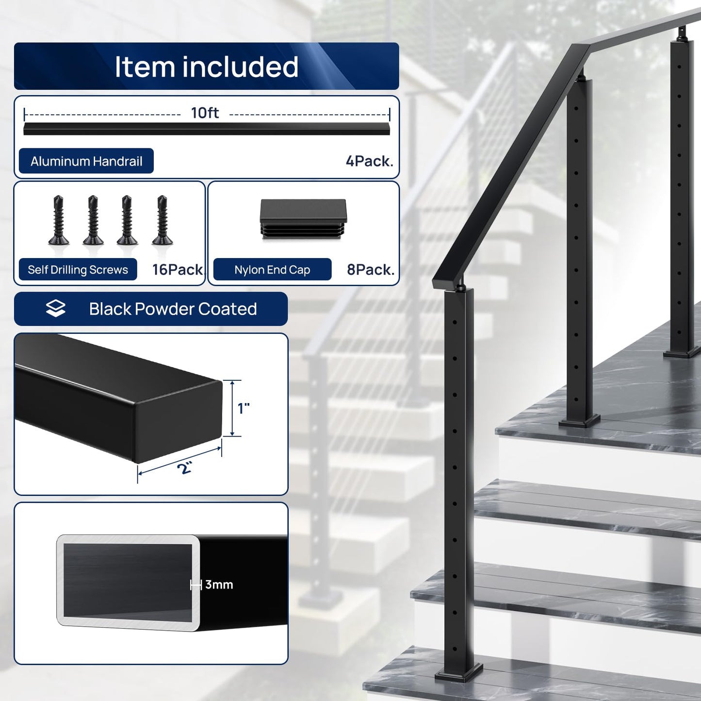 4 Pack 10FTx 2"x1" Aluminum Black Handrail with Self Drilling Screws Nylon End Caps, AAMA 2604 Coating, 2.8mm Thick Flat Handrail Cuttable Top Rail for Deck Stair Railing Indoor Outdoor