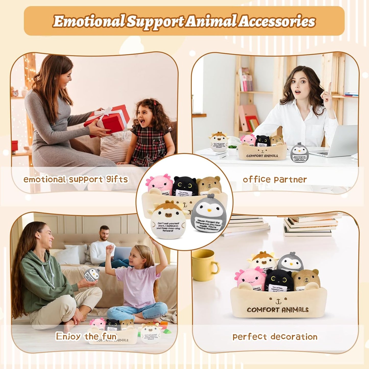 Skiennix Emotional Support Plush Animal Set - 6 Cute Stuffed Toys with Positive Messages | Soft Plushies in Basket