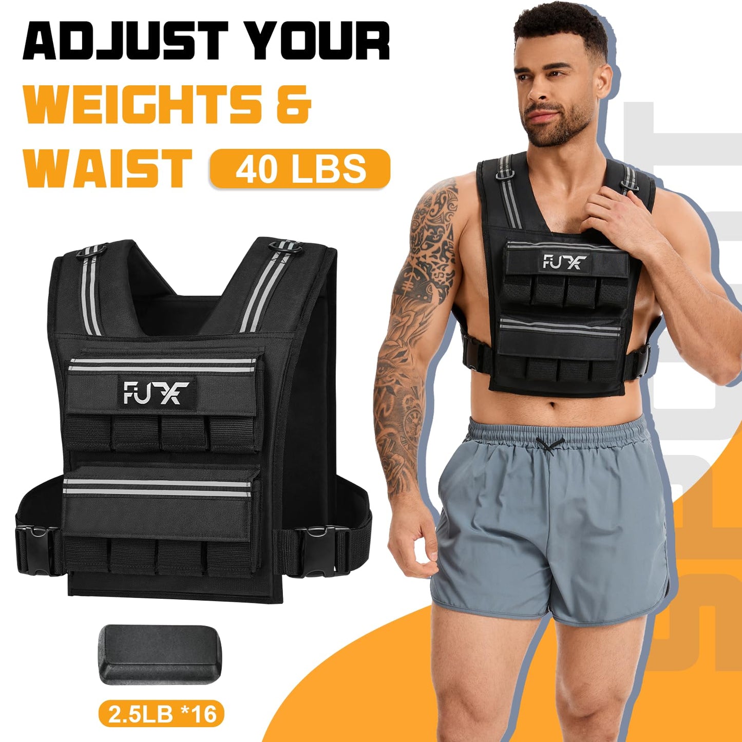 FUFF Adjustable Weighted Vest Men,40 LB Weight Vest for Strength Trainin, Workout Vest Woman with Removable Iron Weights for Walking, Rucking, Running, Exercise