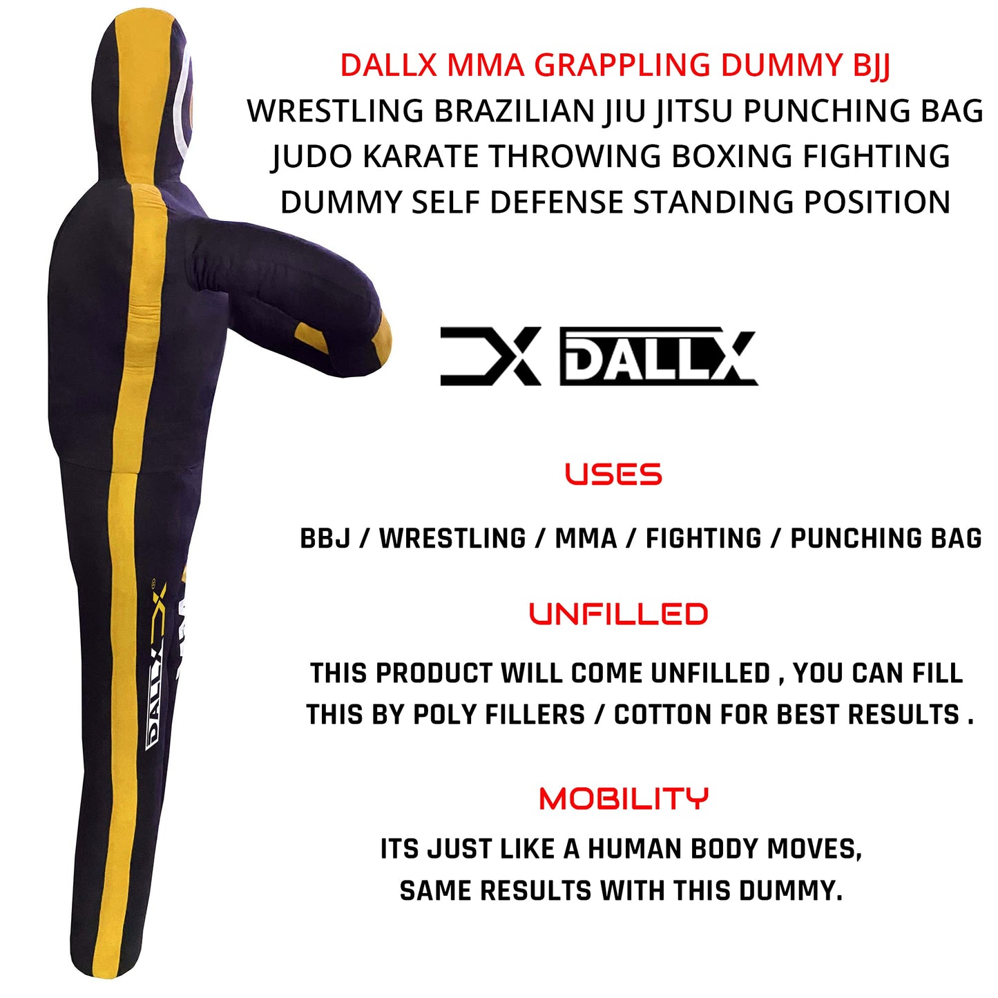 DALLX MMA Grappling Dummy BBJ Wrestling Brazilian Jiu Jitsu Punching Bag Judo Karate Throwing Boxing Fighting Dummy Self Defense Standing Position – UNFILLED (Black Yellow, 6FT)