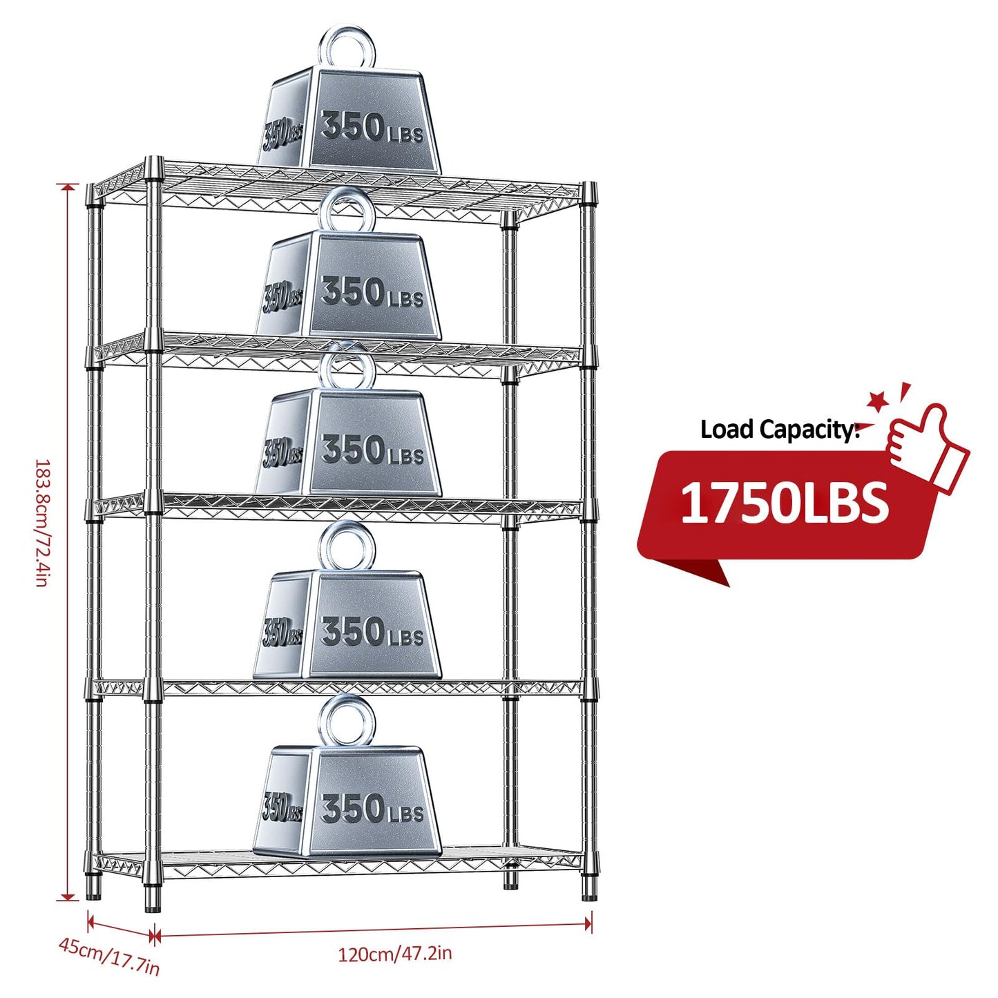 IZEUK 5-Tier Heavy Duty Metal Storage Shelving Unit (Chrome, 17.7" D x 47.2" W x 72.3" H, 1750 lbs Capacity), Adjustable Steel Wire Rack Shelf Organizer for Garage, Kitchen, Pantry, Basement, Laundry