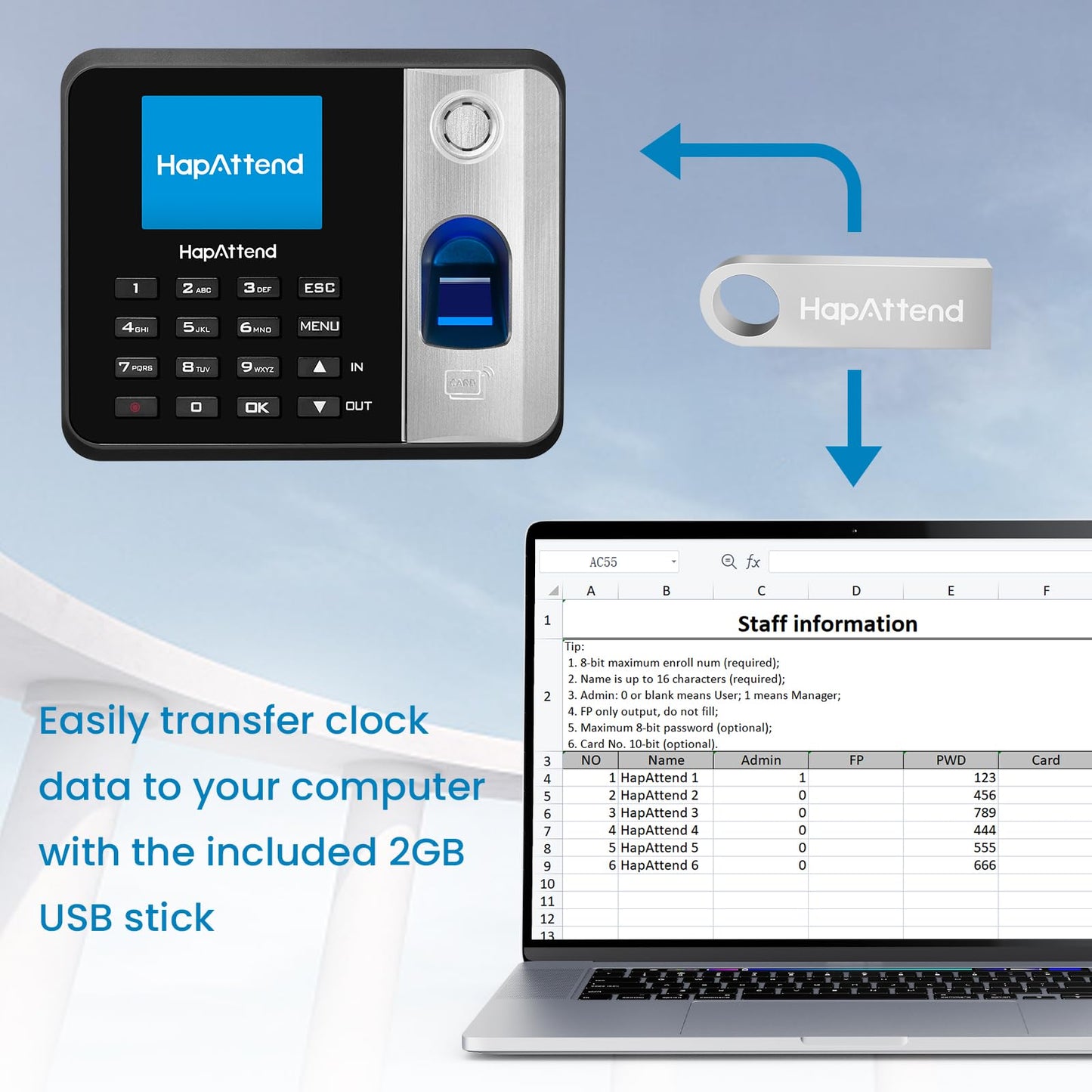 HapAttend Time Clocks Bundle with 15 RFID Cards, 0 Monthly Fees Standalone Biometric Time Attendance Punch Machine with Fingerprint, RFID and PIN - H1