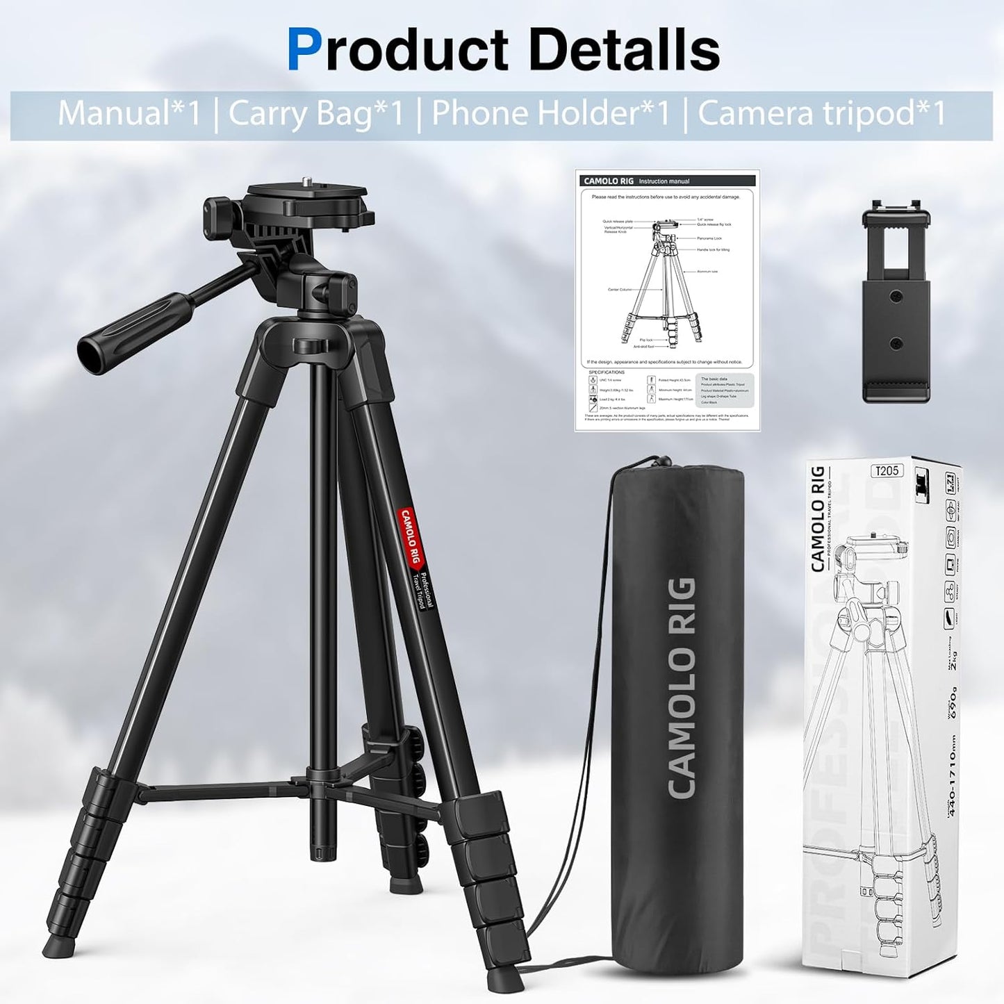 CAMOLO RIG 17-67.3 Inch Camera Tripod with Phone Holder, Camera Tripod Adjustable Height, Cold-Shoe Mount, Carrying Bag