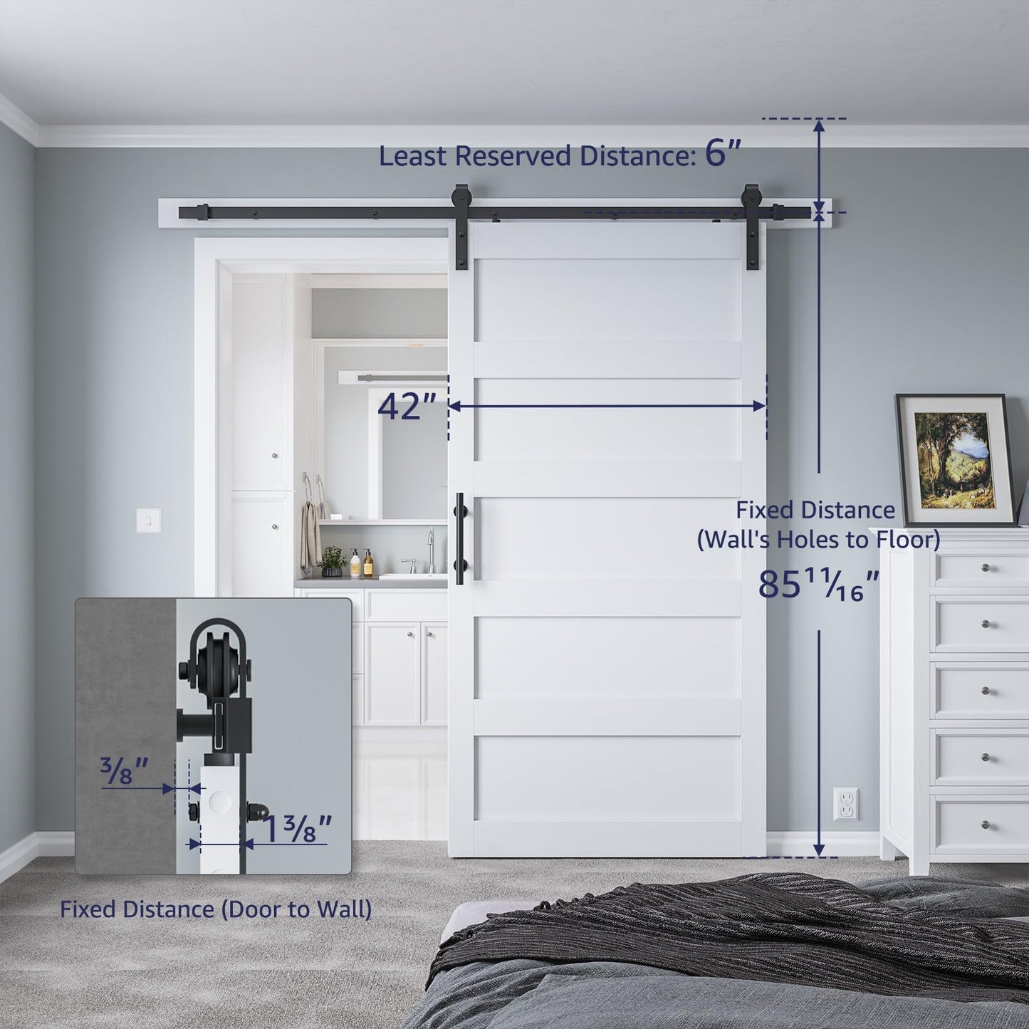 COSHOMER 42in x 84in Sliding Barn Door with 7ft Barn Door Hardware Kit & Handle, Pre-Drilled Holes Easy Assembly -Solid Barn Door Slab Covered with Water-Proof PVC Surface, White, 5 Panel