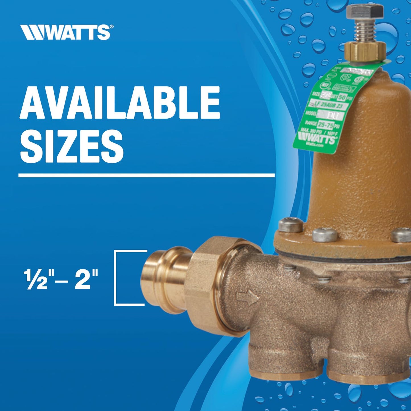 Watts LF25AUB-DU-Z3 1 Series 1-Inch Lead-Free Water Pressure Reducing Valve, Double Union, NPT Female, Polymer Seat, Elastomer Disc, Adjustable 25-75 PSI (0009322)