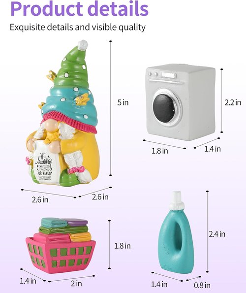 iStatue 4-Pack Mini Resin Gnome Figurines - Cute Spring Laundry Room Decor - 5'' Size