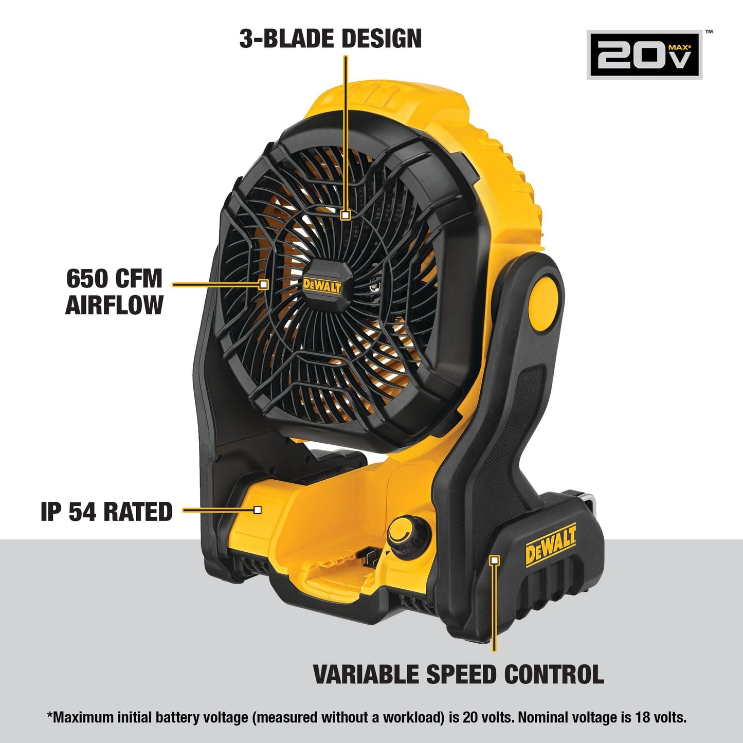DEWALT 20V MAX Portable Fan, Battery Powered Rechargeable Cordless Shop Fan, Up to 4.5 Hrs Runtime, Variable Speed, 650 CFM, Tool Only (DCE512B)
