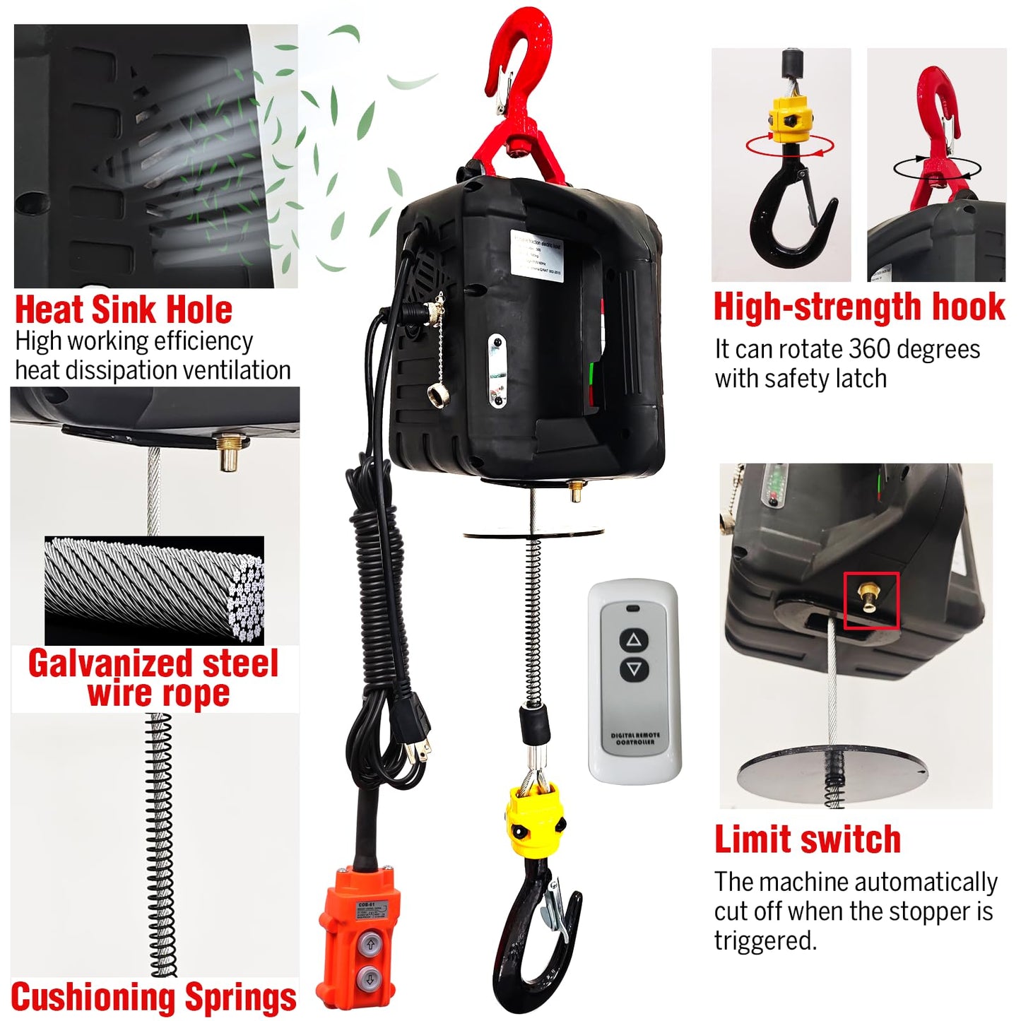 Electric Hoist Winch 3 in 1,1100lbs Electric Hoist 110 Volt 1500W Portable Electric Winch with Remote Control/Manual/Cable,Chain Hoist Overload Protection 25ft Lifting Height for Towing&Copper Motor