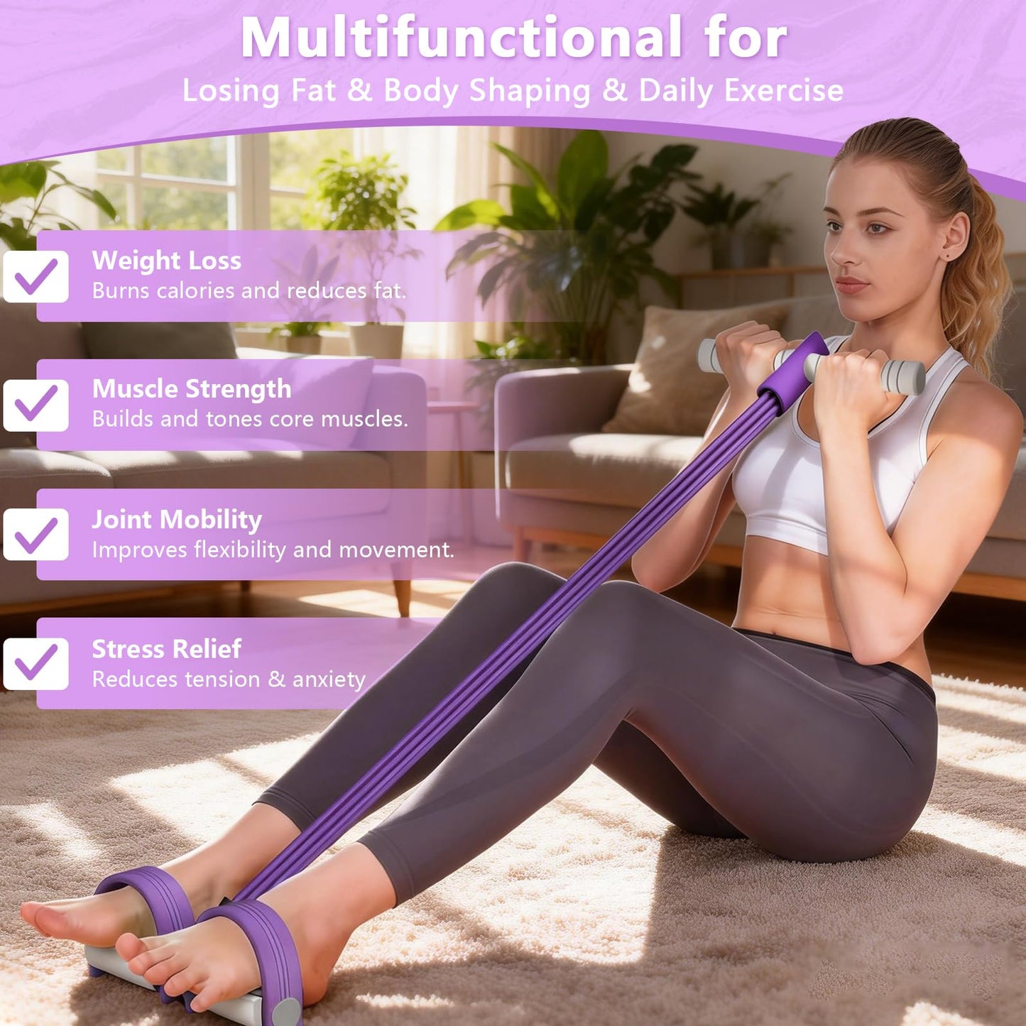 8-Tubes Pedal Resistance Band with Handle, Multifunction Exercise Rope for Working Out, Foot Pedal Resistance Band for Abdomen, Waist, Arm, Leg, Pur