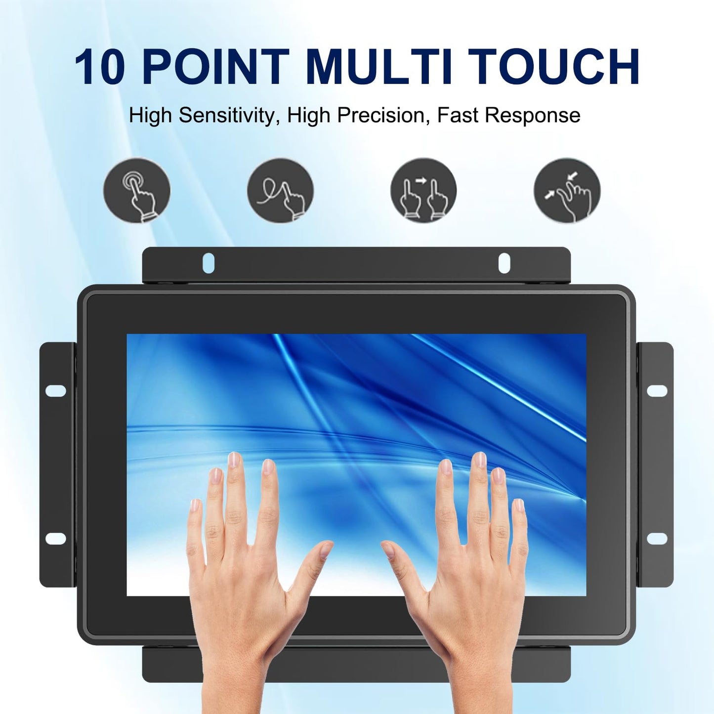 Bosunre 7 Inch Open Frame Touch Screen Monitor, 10-Point Capacitive Touch Display, 1024x600 Resolution, IP65 Industrial Monitor, Black Metal Housing, Open Bracket Mount for HMI Control Panels