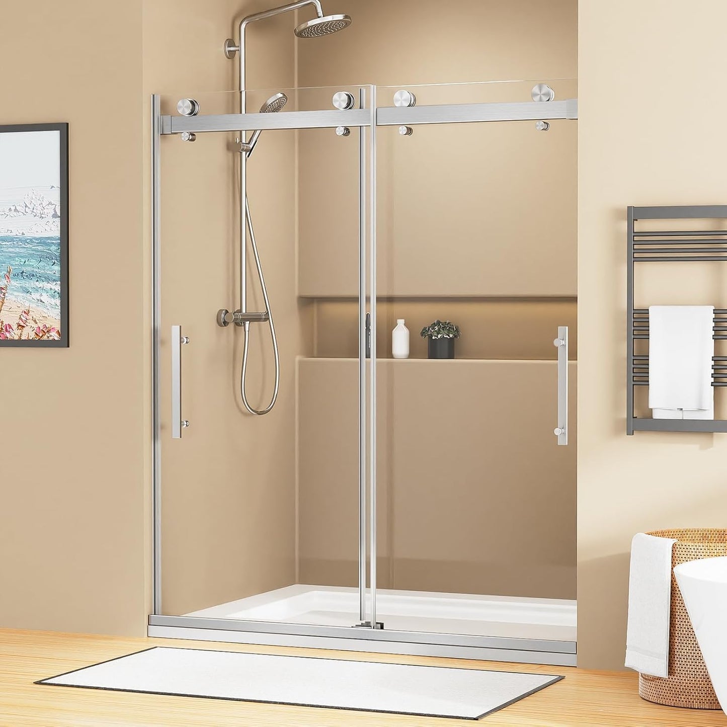 AVKENOEDY Shower Door,60" W x 76" H Frameless Shower Door,Double Sliding Shower Door with Premium 3/8" (10mm) Thick Tempered Glass, Stainless Steel, Brushed Nickel