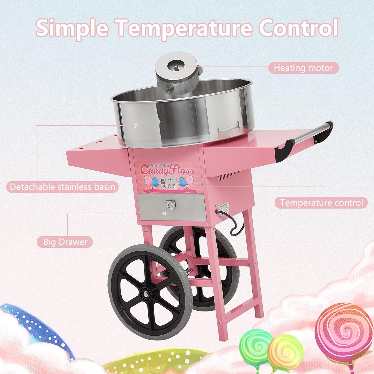Electric Candy Cotton Machine With 20 in Stainless Steel Bowl,Cotton- Candy Maker Machine for Kids With Cart,Nostalgia Candy Cart Commercial For Party, Home,Festival,Amusement Park,Carnival,Pinks