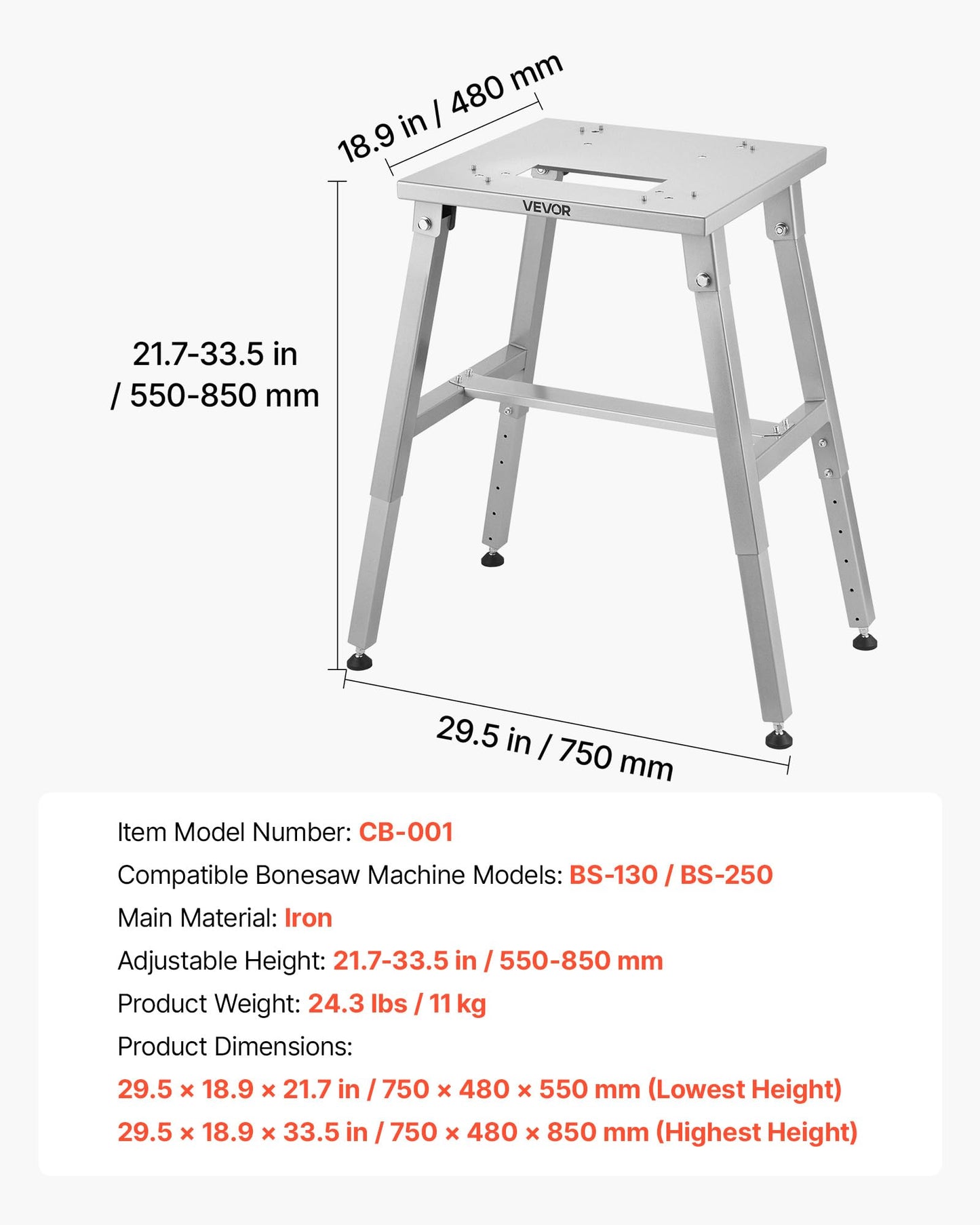 VEVOR Electric Meat Bandsaw Stand, Floor Stand with Adjustable Height, Stable H-Shaped Frame, Anti-Slip Foot Pads, for Our Bone Saw Machine, Compatible with Models BS-130/HC-130&BS-250/HC-250