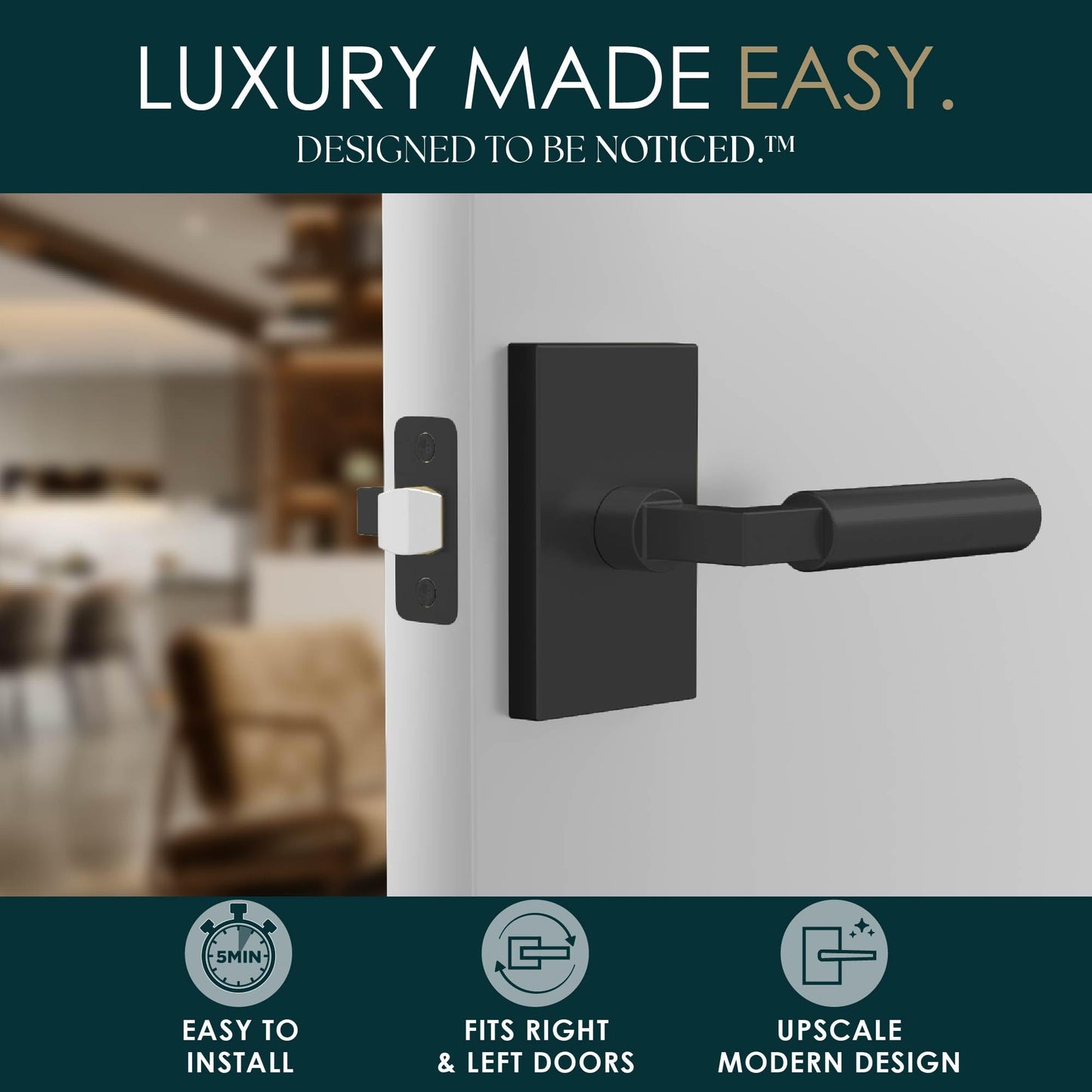 Mega Handles Camden Passage Door Handle - 1 Pack Reversible Black Door Handle, Heavy Duty No Lock Door Handles Interior for Closet & Hallway, Fits All Standard Door Sizes - Matte Black
