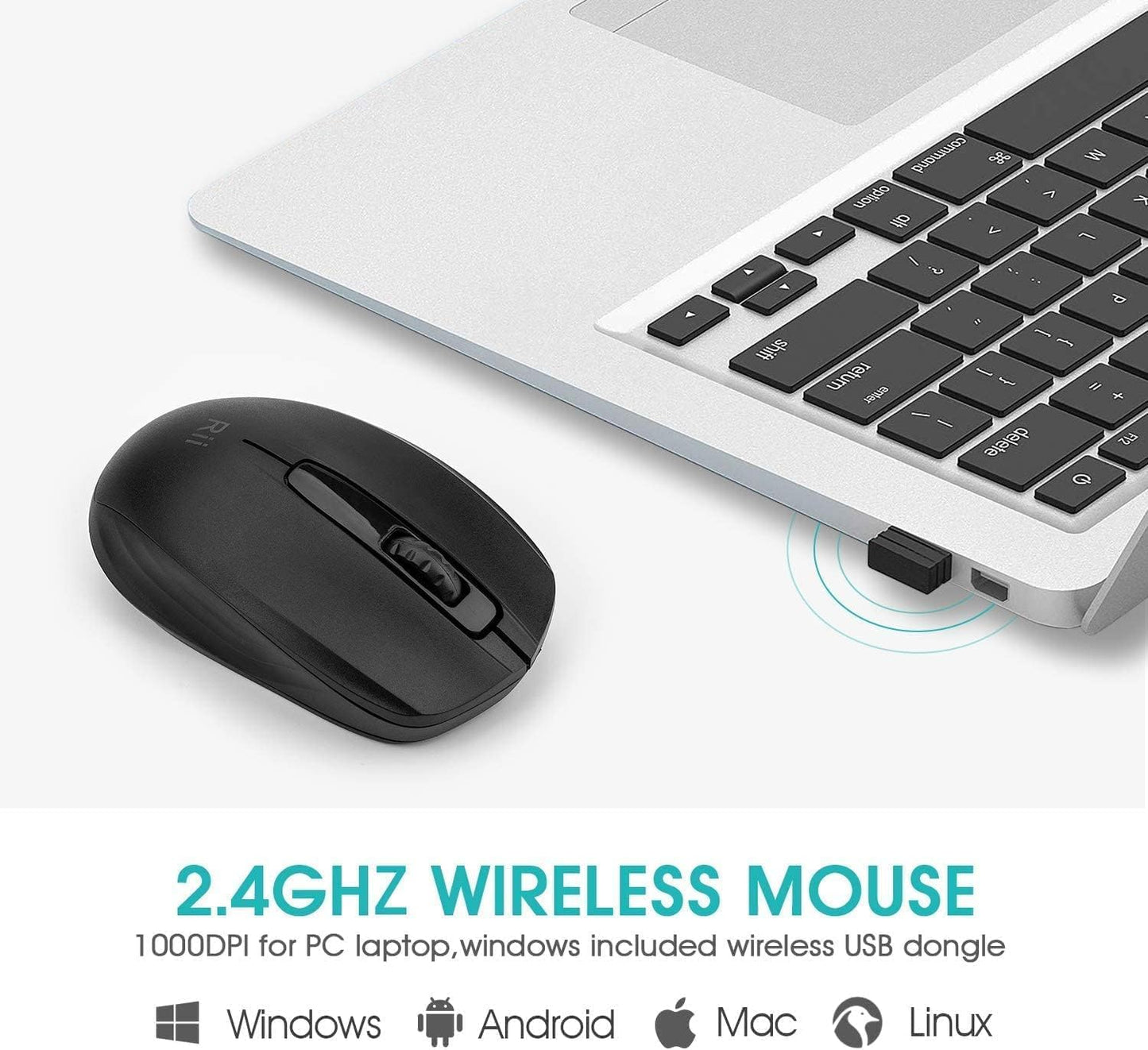 Rii Mouse,2.4G Wireless Noiseless Portable Computer Mice for PC, Laptop, Windows,Office Included Wireless USB dongle