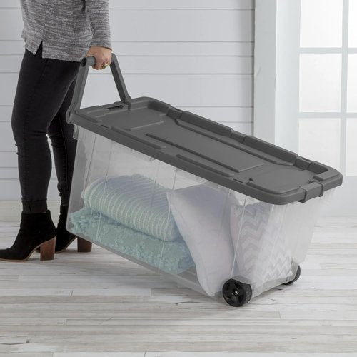 160 Quart Wheeled Storage Bins by [Brand Name] - Stackable Heavy-Duty Clear Totes with Secure Latch Lid & Reinforced Handle | Ideal for Garage & Closet (Clear/Gray)