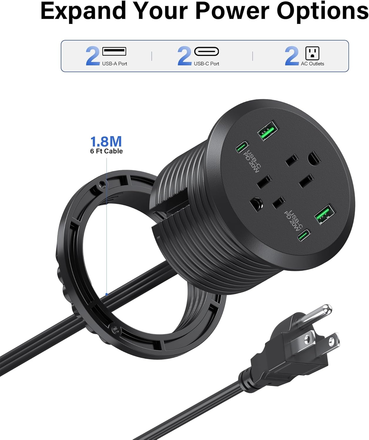 Jgstkcity Grommet 3-inch Hole,40W 2 20W 2 Outlets,4 Desk,6ft Desktop Power Total Fast Charging Station, PD USB C