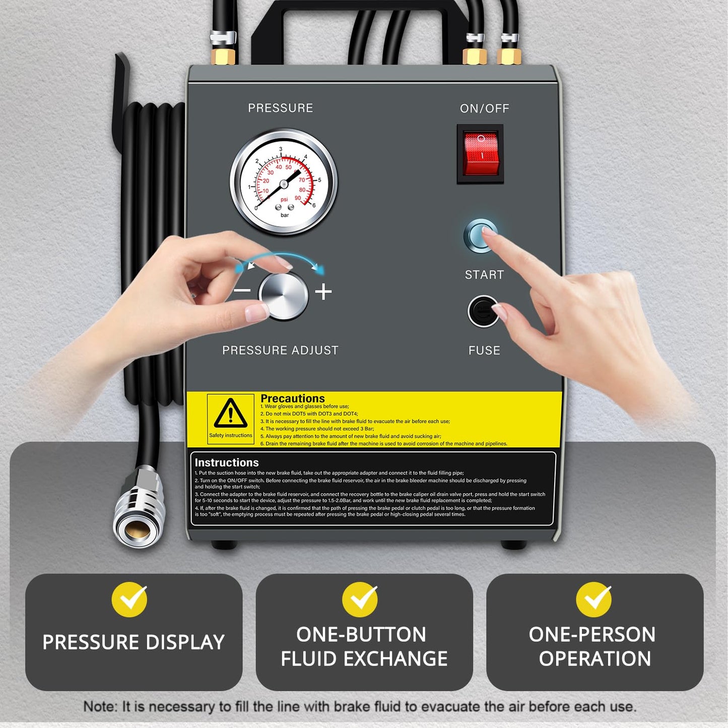 YSTOOL Electric Pulse Brake Bleeder Machine Kit with 110V AC and 12V DC Dual Purpose Clutch Bleeding Unit Master Cylinder Adapter Kit Waste Oil Bottles