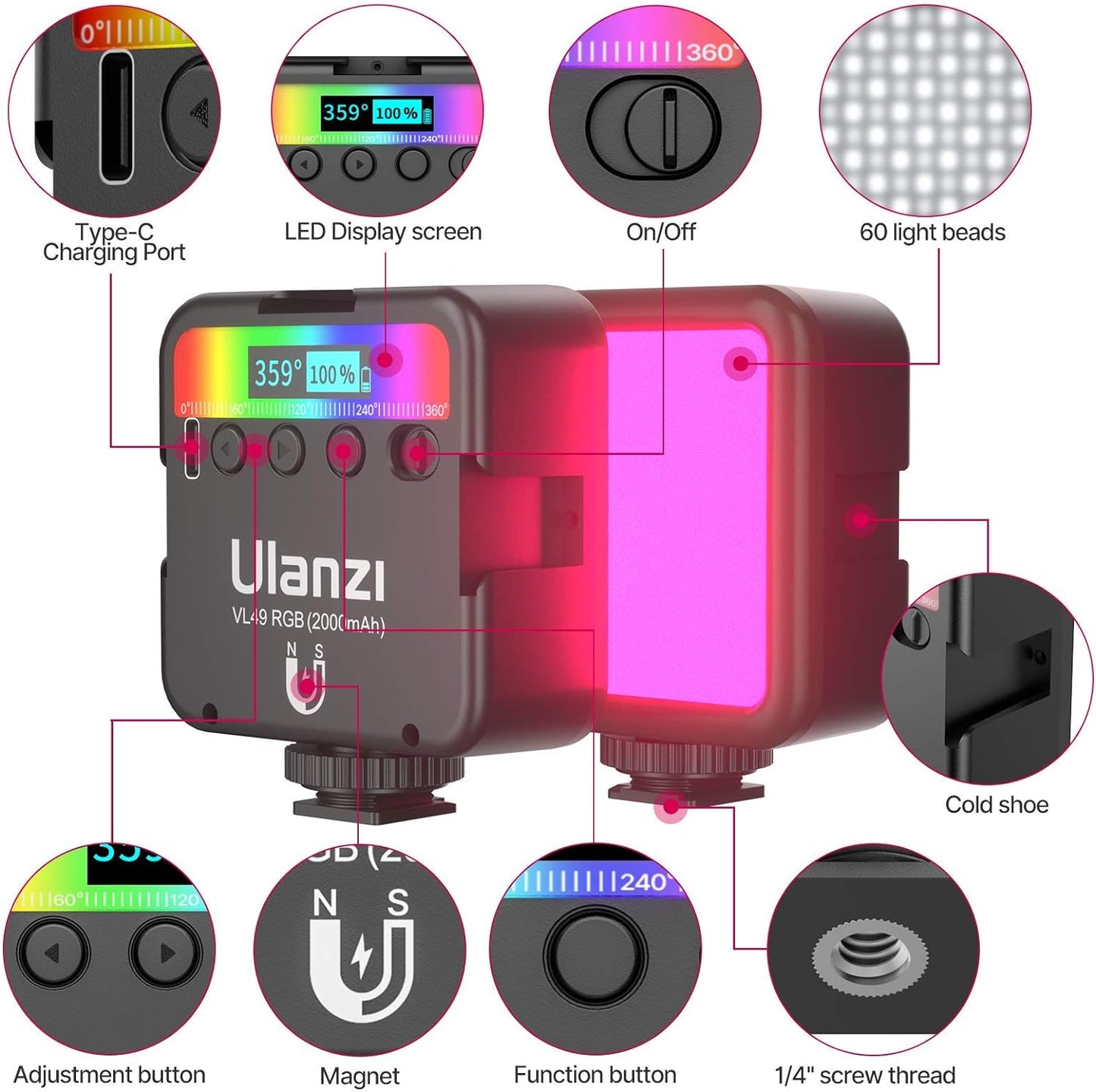 ULANZI VL49 360 3 2000mAh 95+ 2500-9000K Dimmable RGB Video Lights, LED Camera Light Full Color Portable Photography