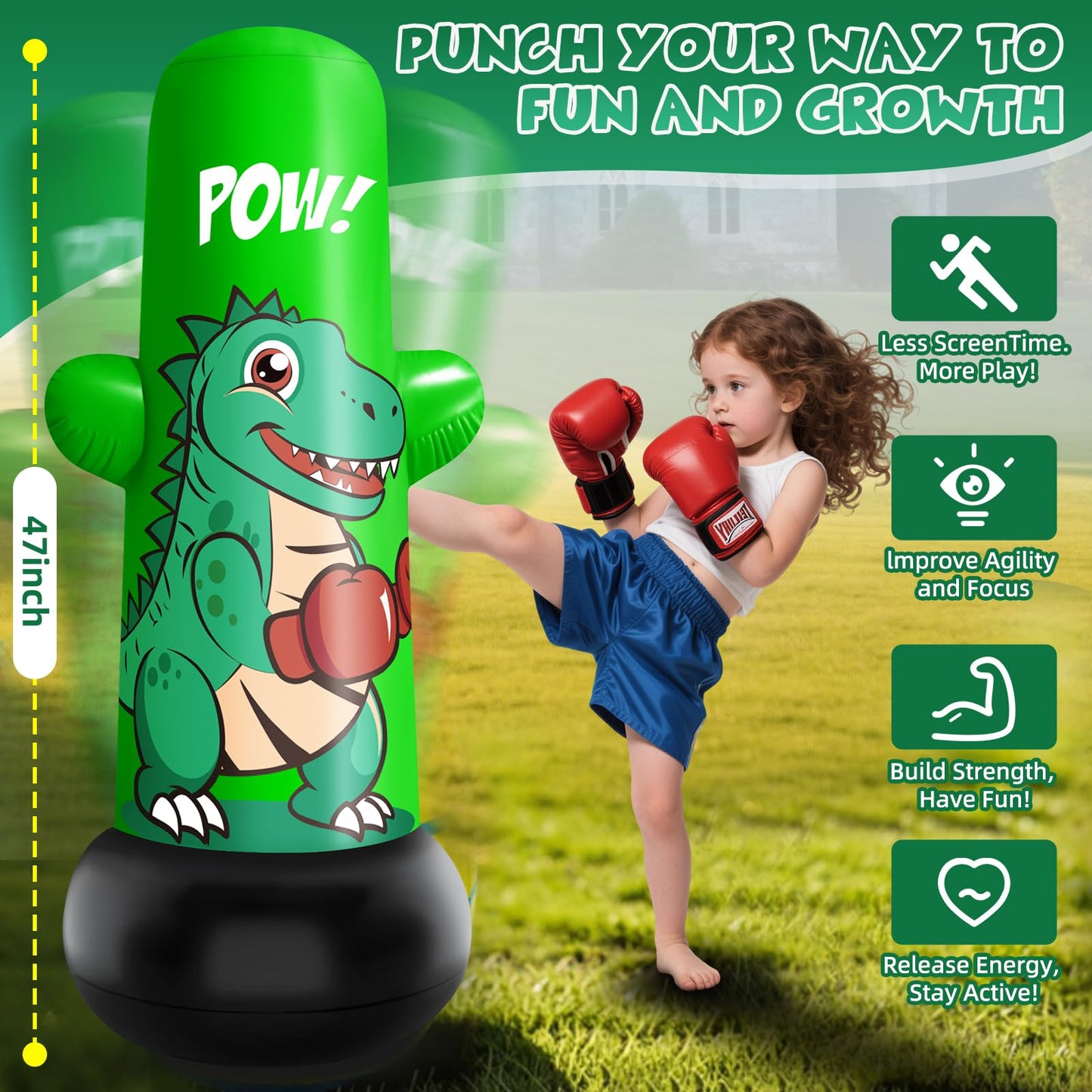 Inflatable Dino Punching Bag for Kids, 47” Tall Bop Bag Punching Toy, Inflatable Dinosaur Toy with Bounce- Back Action for Ages 3-8, Great for Boys and Girls