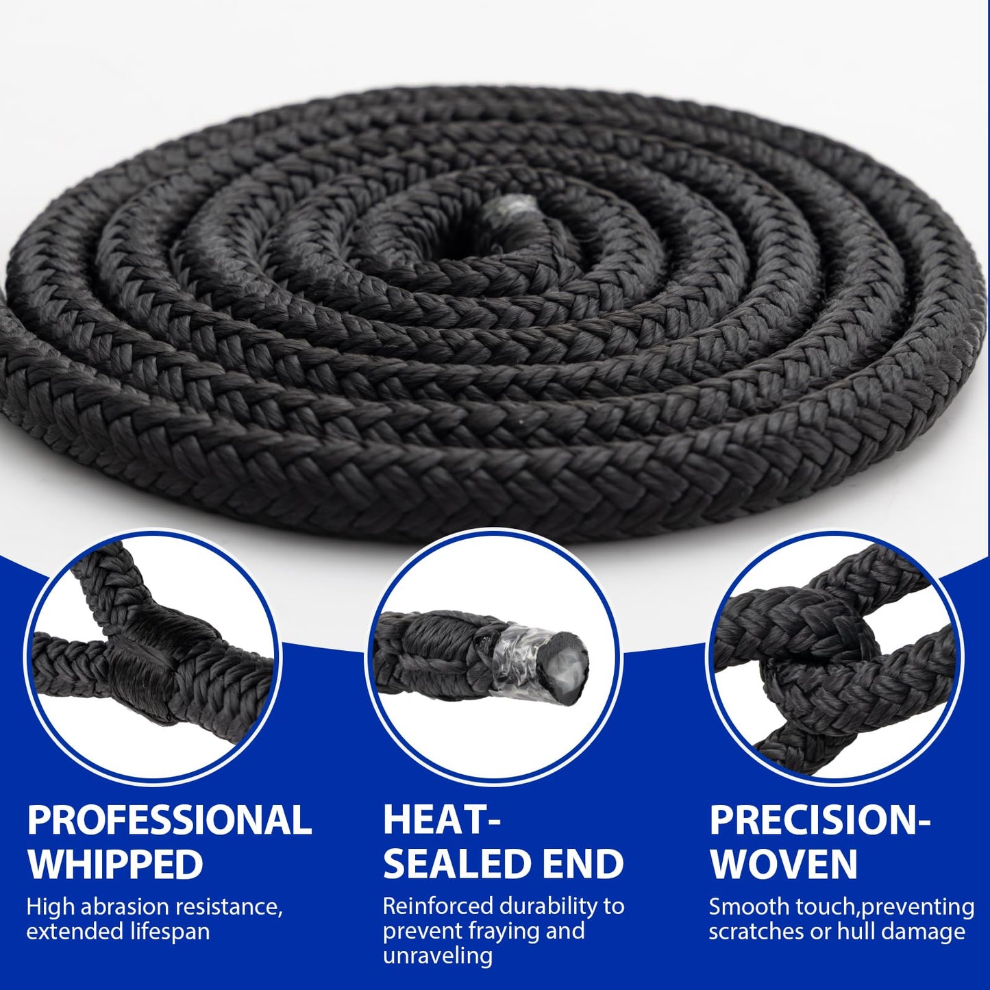Boat Dock Lines Marine Rope - 1/2" x 15ft with Pre-Spliced 12" Loop Double Braided Nylon Ropes Bumper Tie Mooring Line for Boats Docking Pontoon Boating Accessories - 4 Pack Black
