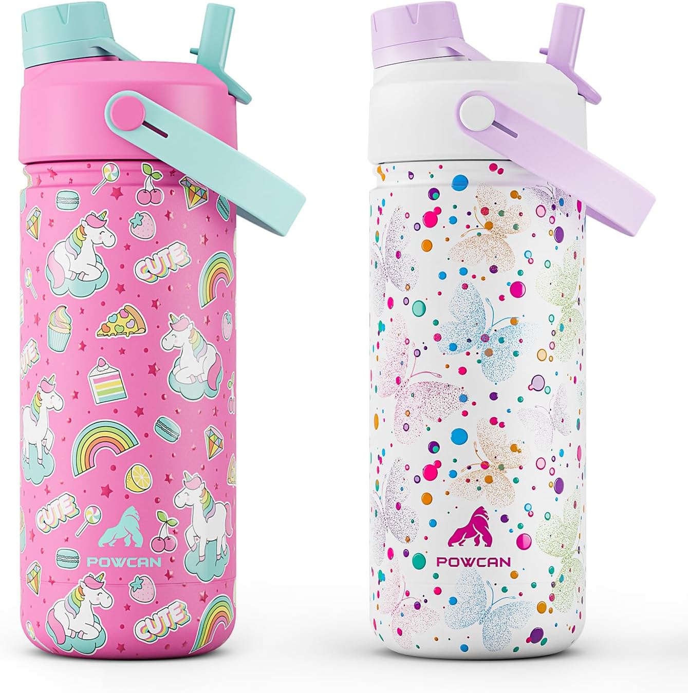 POWCAN 18 oz Kids Insulated Water Bottle - Leakproof 2-in-1 Straw Lid, BPA-Free, Keeps Drinks Cold for 24 Hours