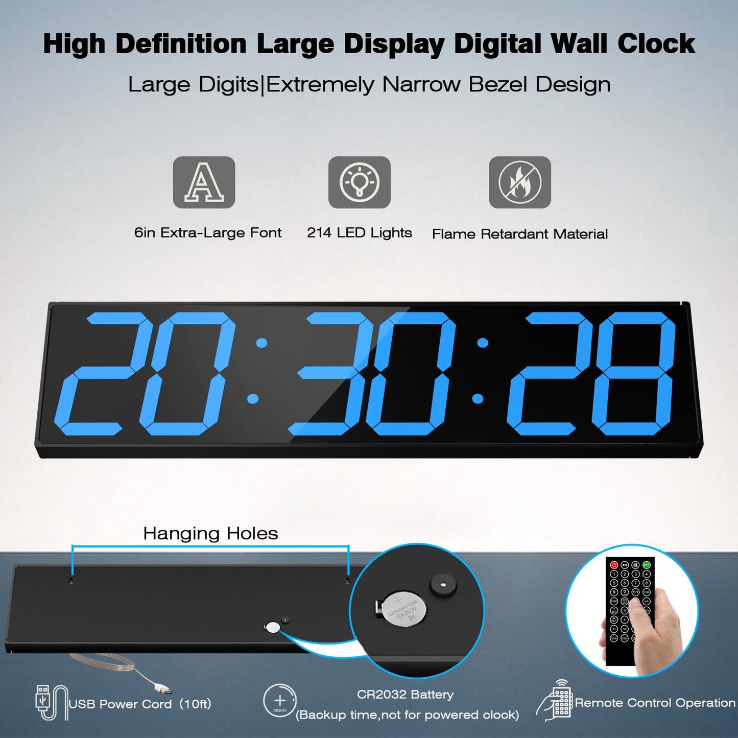 CHKOSDA Digital Wall Clock with Large Display, 28.4‘’LED 6-Digit Large Digital Clock with Adjustable Brightness, Multifunction Gym Clock with Countdown,Stopwatch and Workout Interval Timing (Blue)