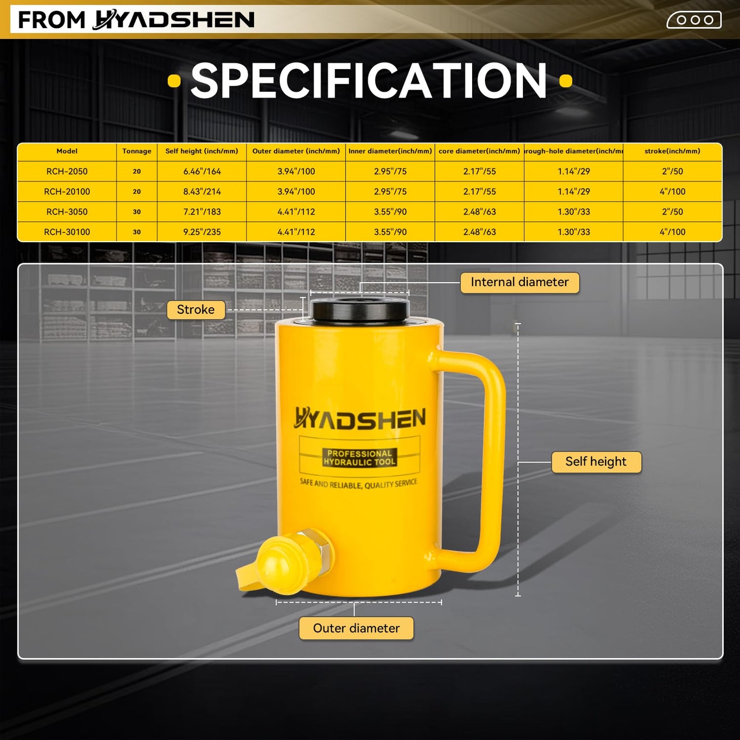 HYADSHEN 20T 4" Stroke Hydraulic Hollow Cylinder Jack - Industrial Hydraulic Lifting Cylinder for Machinery and Shipbuilding