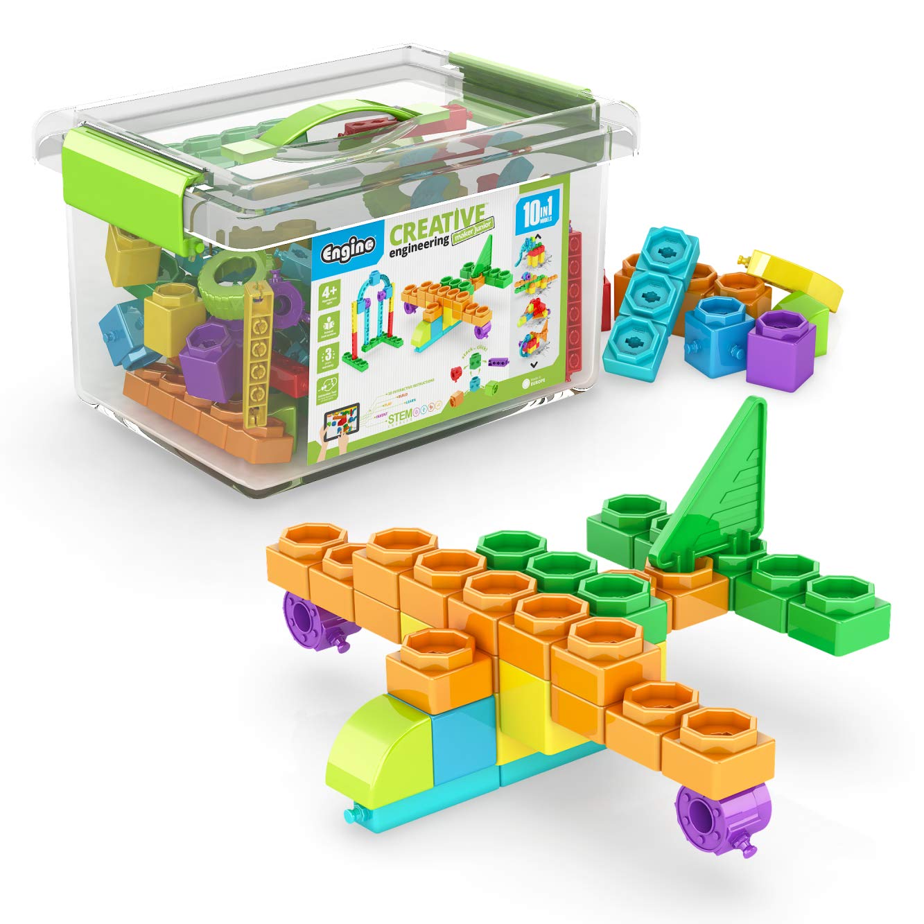 Engino STEAM Maker Junior- 10 Model Set, Stackable Building Blocks for Kids 4+, STEM Building Toys, Engineering Kit for Young Inventors, Educational Toys, Gift for Boys & Girls