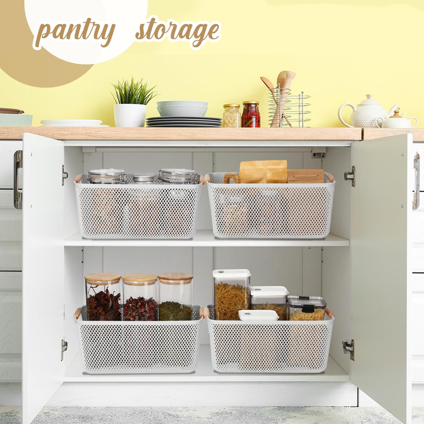 Ziliny 4 Pcs Plastic Mesh Baskets with Handles - Mesh Storage Hanging Organizer Bin Container Baskets for Home Organizing Pantry Closet Cabinet Kitchen Fridge Fruit Snacks Gifts, Grey(Large)