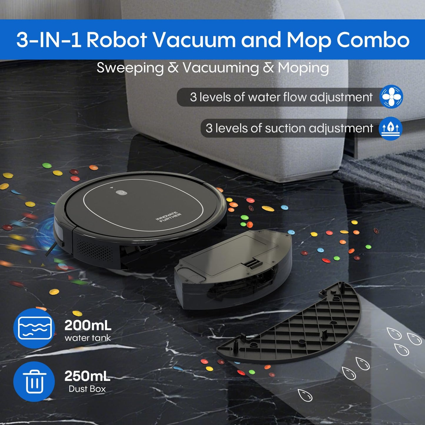 Robot Vacuum and Mop Combo, 3 in 1 Robotic Vacuums Cleaner with 4000Pa Suction, WiFi/App/Alexa, Central Brush & Scheduled & Self-Charging, Slim Vacuum Robot Cleaner for Pet Hair, Hard Floor, Carpet